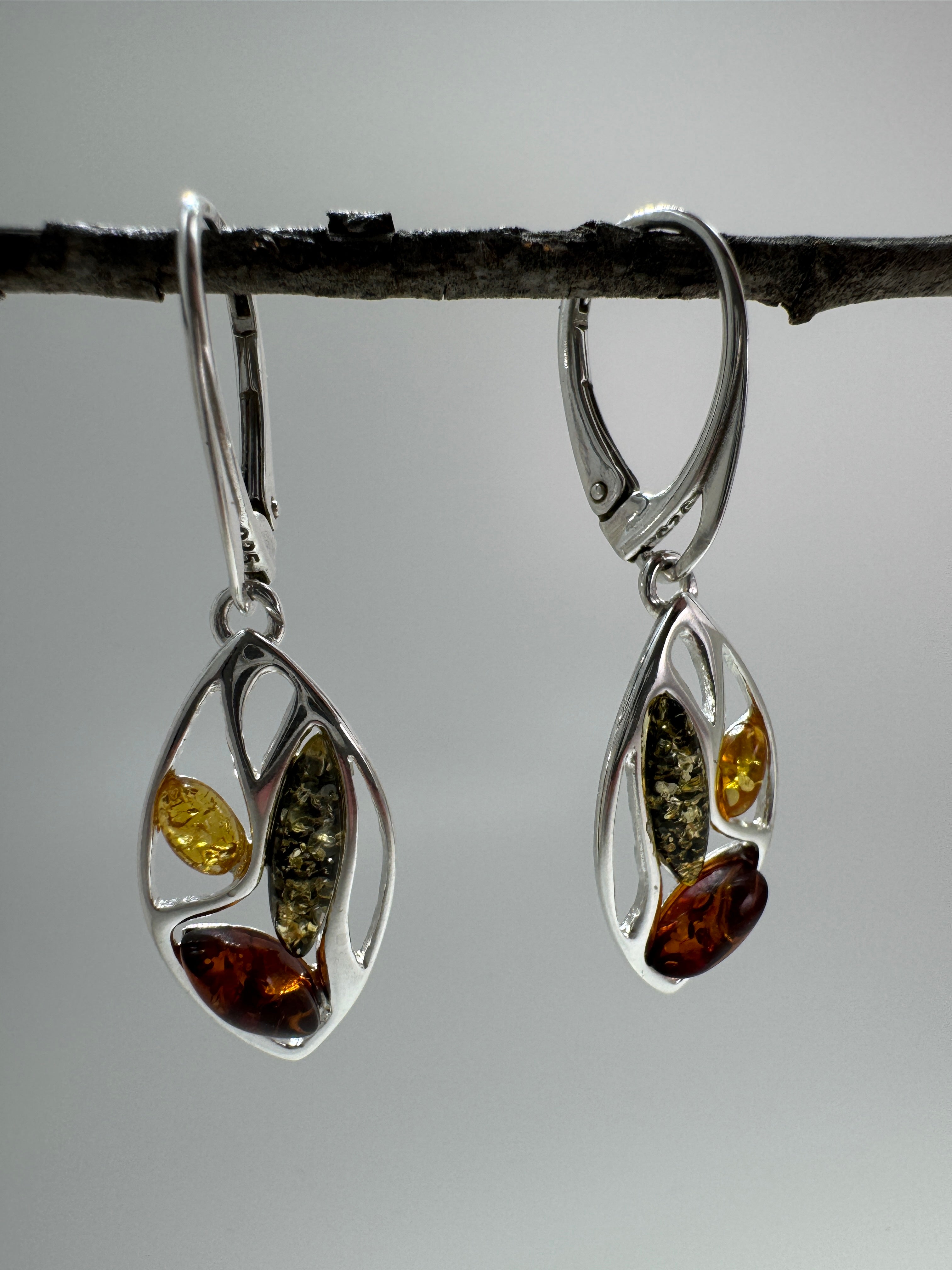 Multicolor Baltic Amber Sterling Silver Lever Back Earrings – Lemon, Green & Cognac Dangle Drops