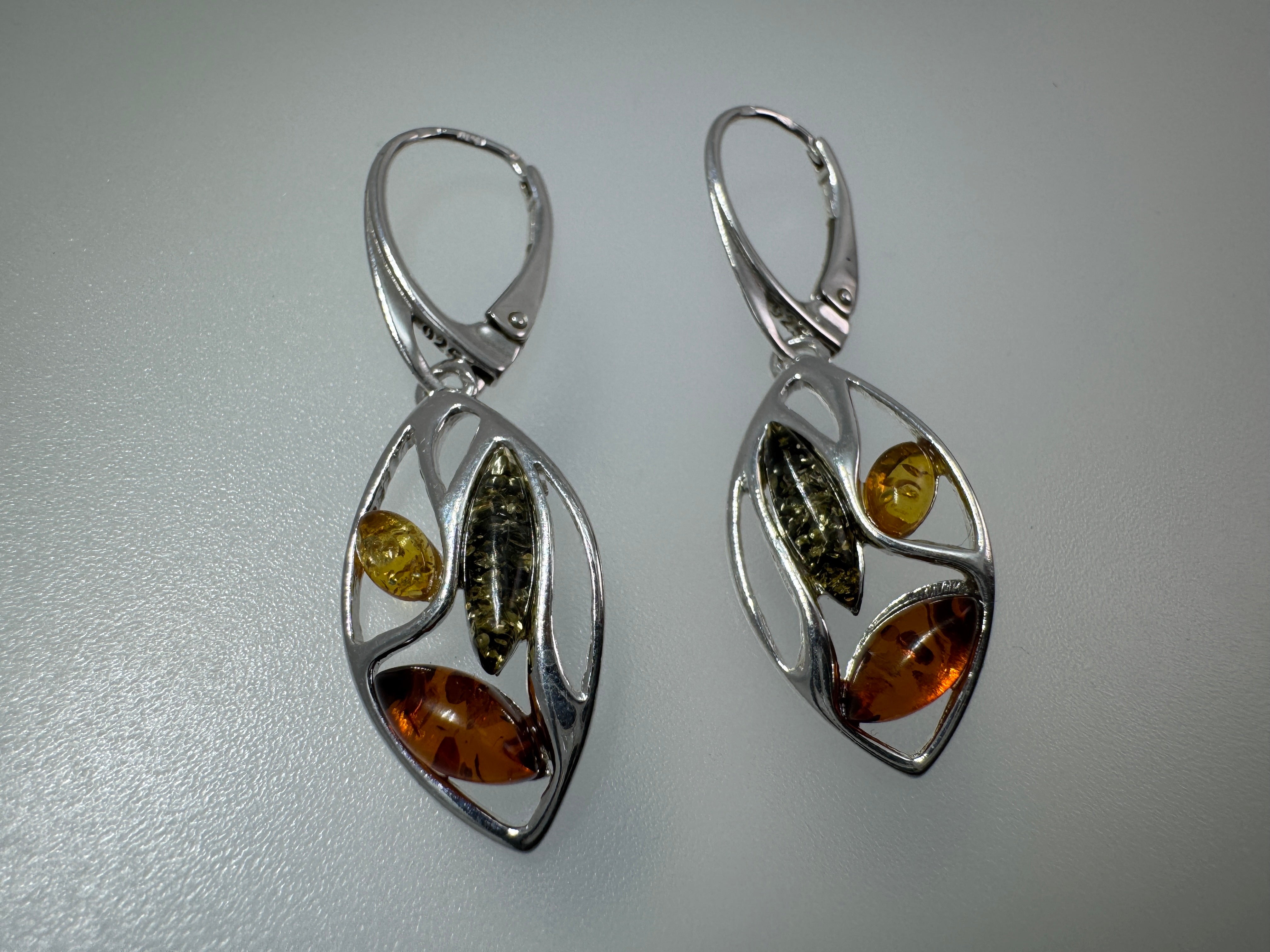 Multicolor Baltic Amber Sterling Silver Lever Back Earrings – Lemon, Green & Cognac Dangle Drops
