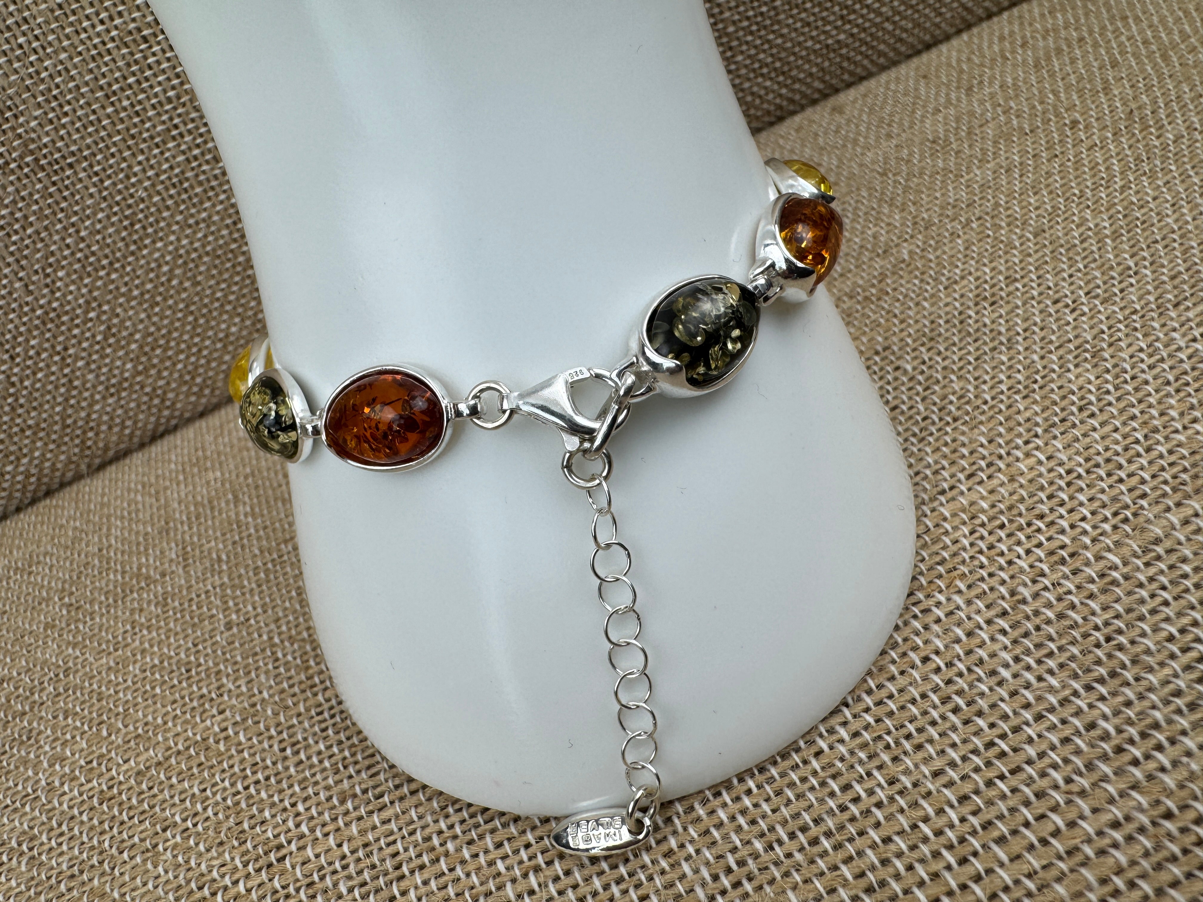 Sterling Silver Multicolor Baltic Amber Bracelet – Lemon, Cognac & Green Oval Link Jewelry, Adjustable 7.25” to 8.75” Handmade in Poland