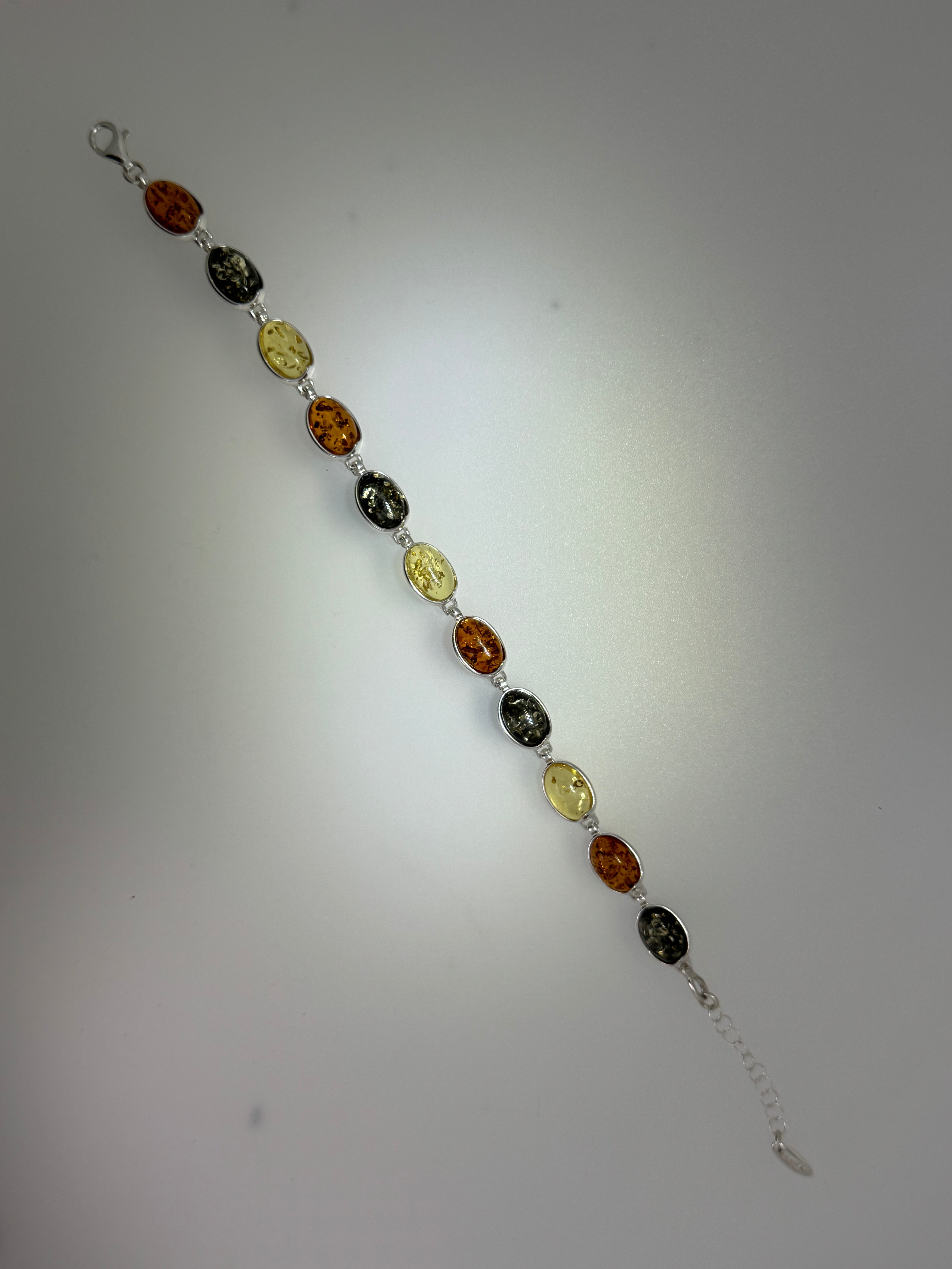 Sterling Silver Multicolor Baltic Amber Bracelet – Lemon, Cognac & Green Oval Link Jewelry, Adjustable 7.25” to 8.75” Handmade in Poland