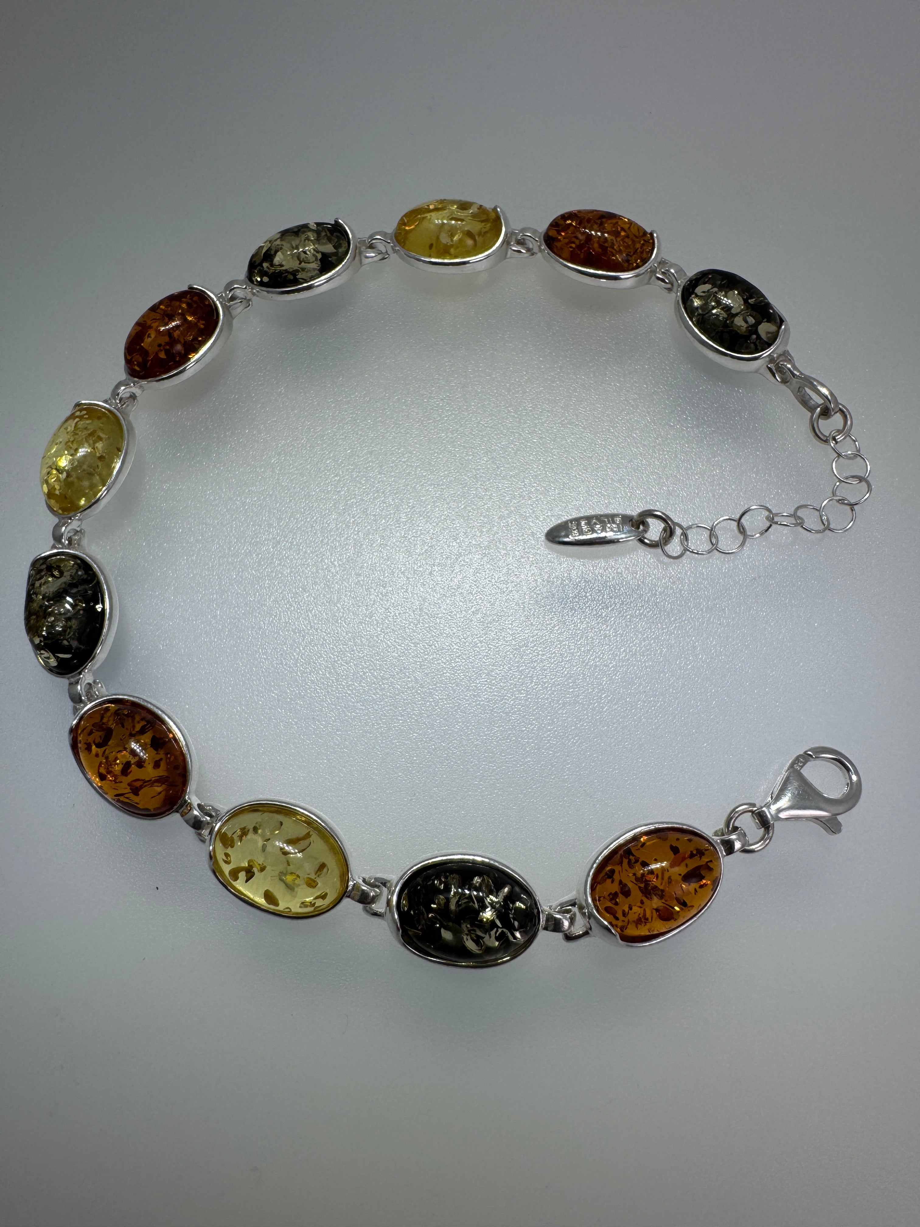 Sterling Silver Multicolor Baltic Amber Bracelet – Lemon, Cognac & Green Oval Link Jewelry, Adjustable 7.25” to 8.75” Handmade in Poland