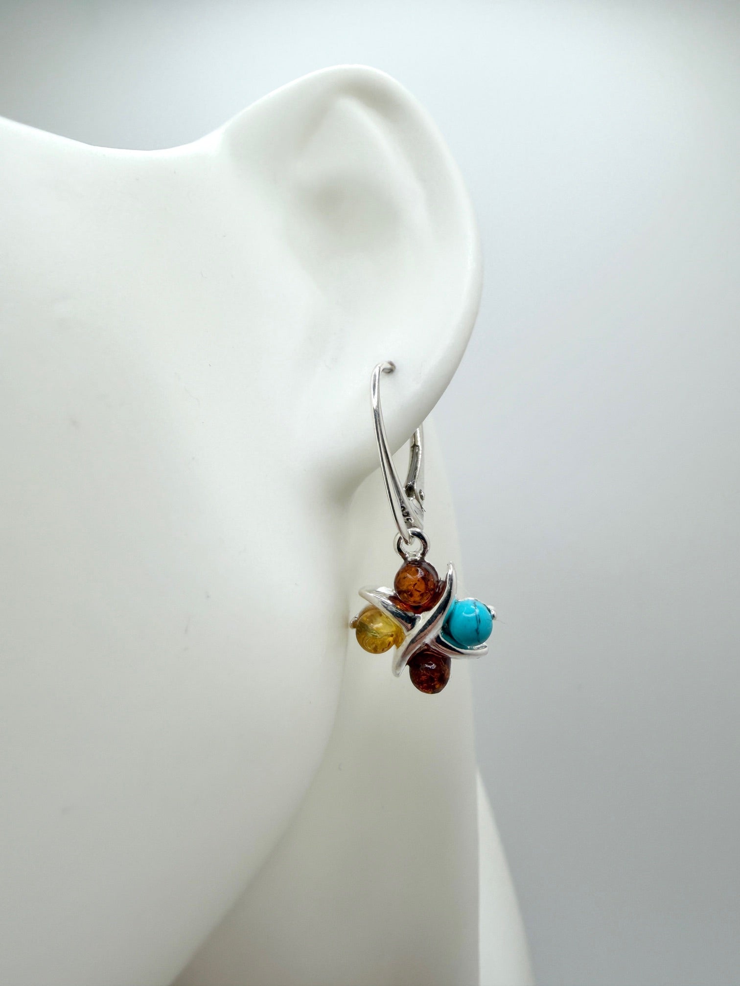 Sterling Silver Baltic Amber Earrings – X & O Design – Cognac or Multicolor Lever Back Drop Earrings Handmade in Poland