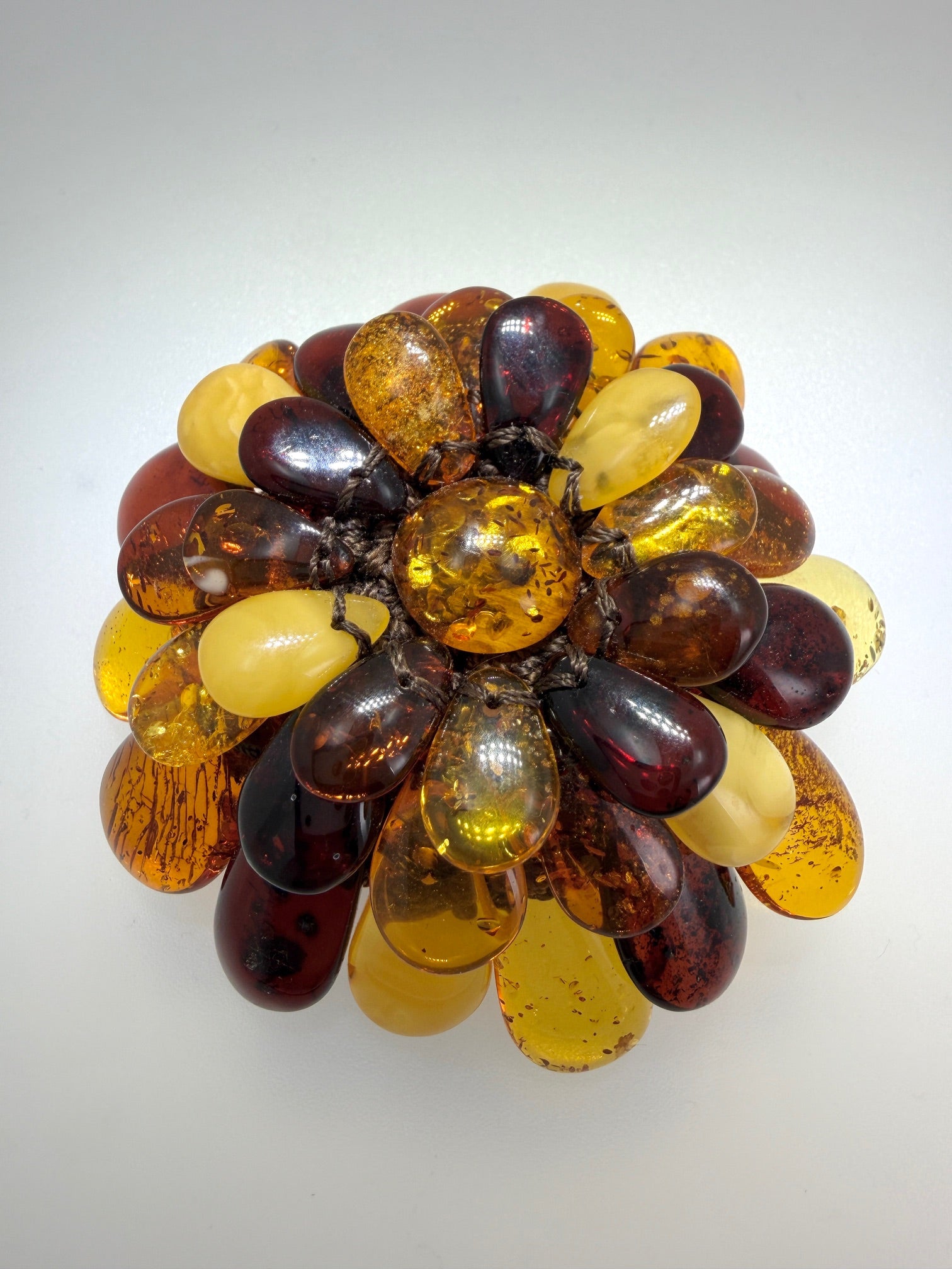 Handmade Lithuanian Multicolor Baltic Amber Flower Pendant Necklace & Brooch – Sterling Silver & Leather Cord