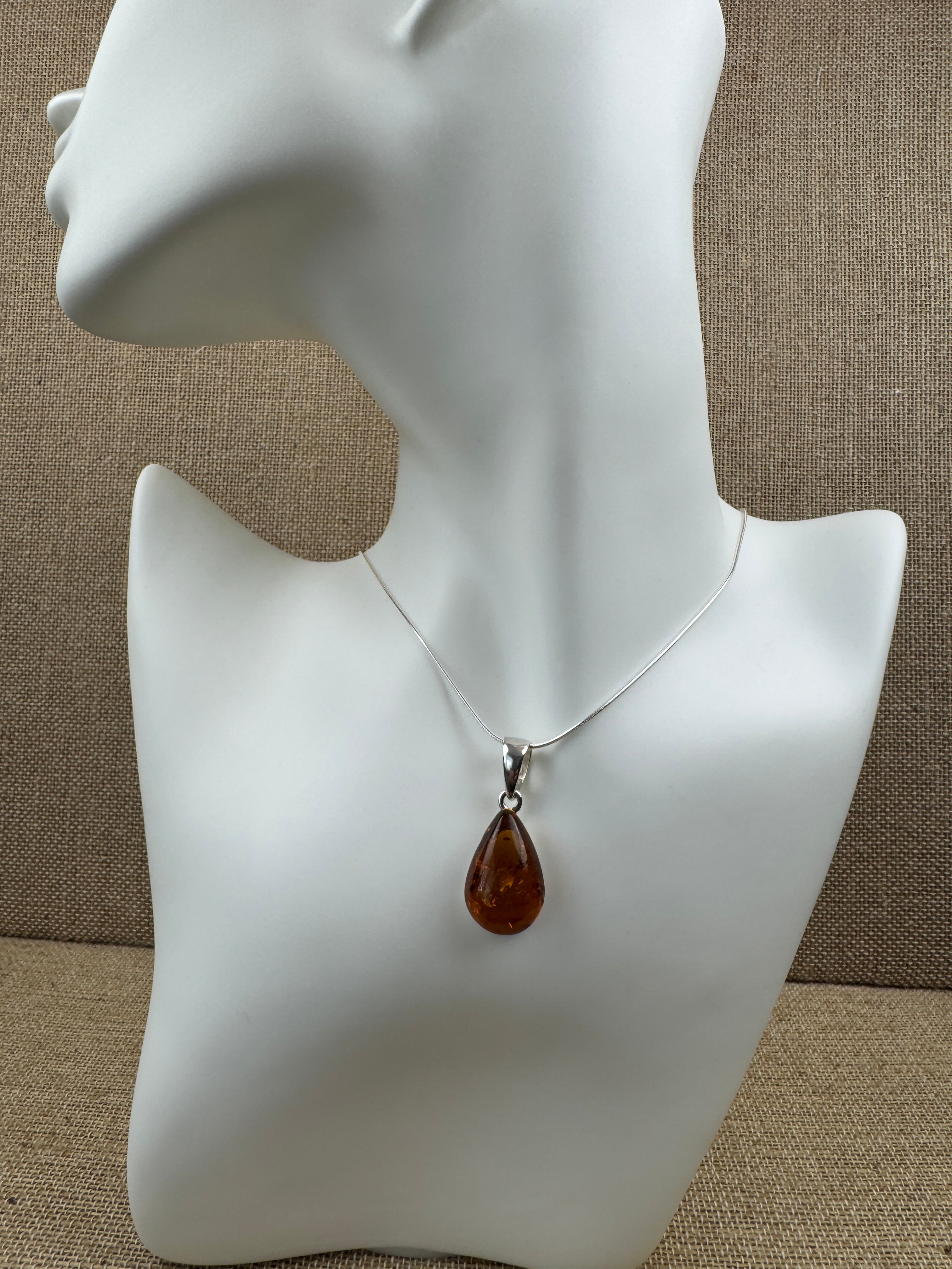 Handmade Baltic Amber Teardrop Pendant Sterling Silver from Poland - Choice of Silver Chain