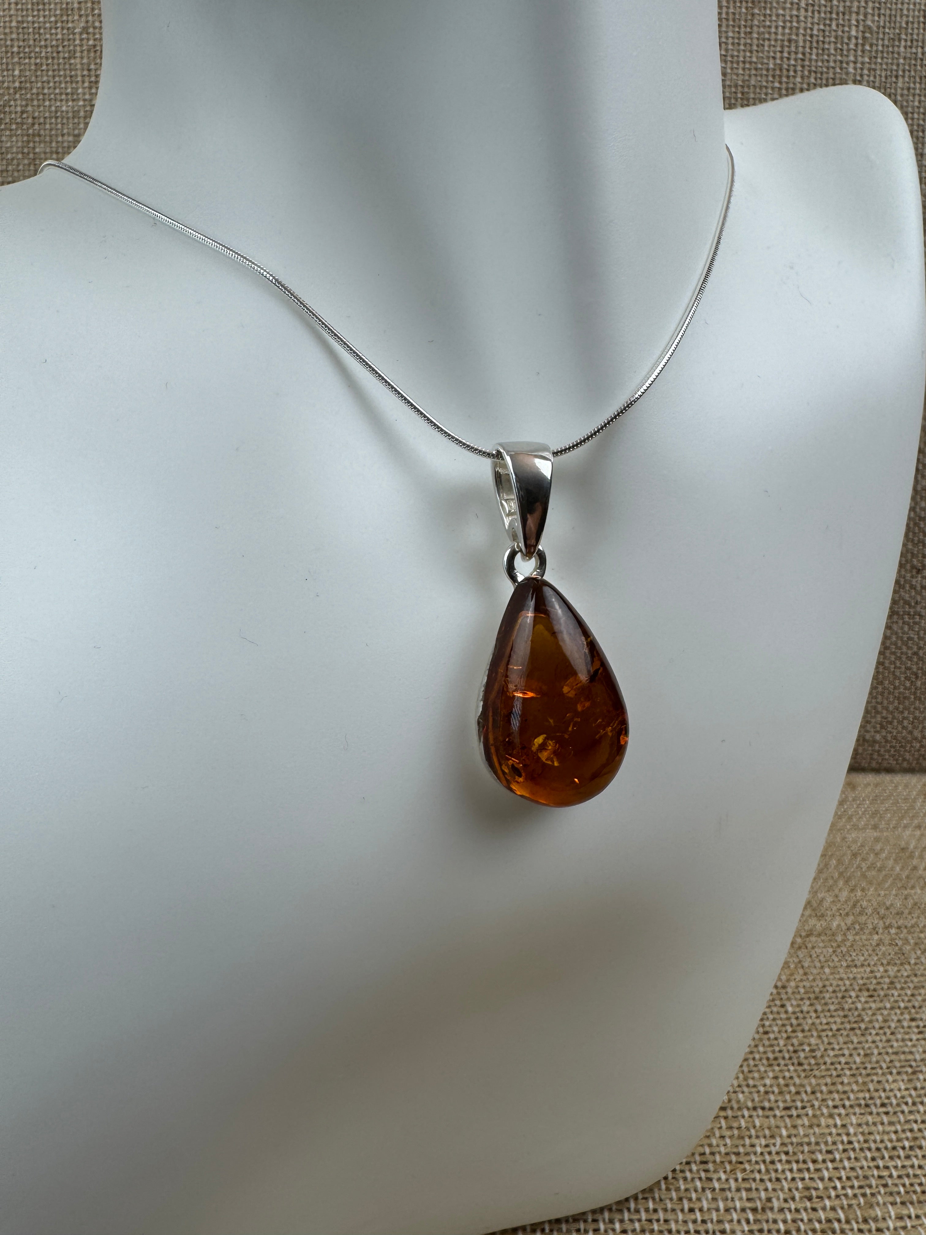 Handmade Baltic Amber Teardrop Pendant Sterling Silver from Poland - Choice of Silver Chain