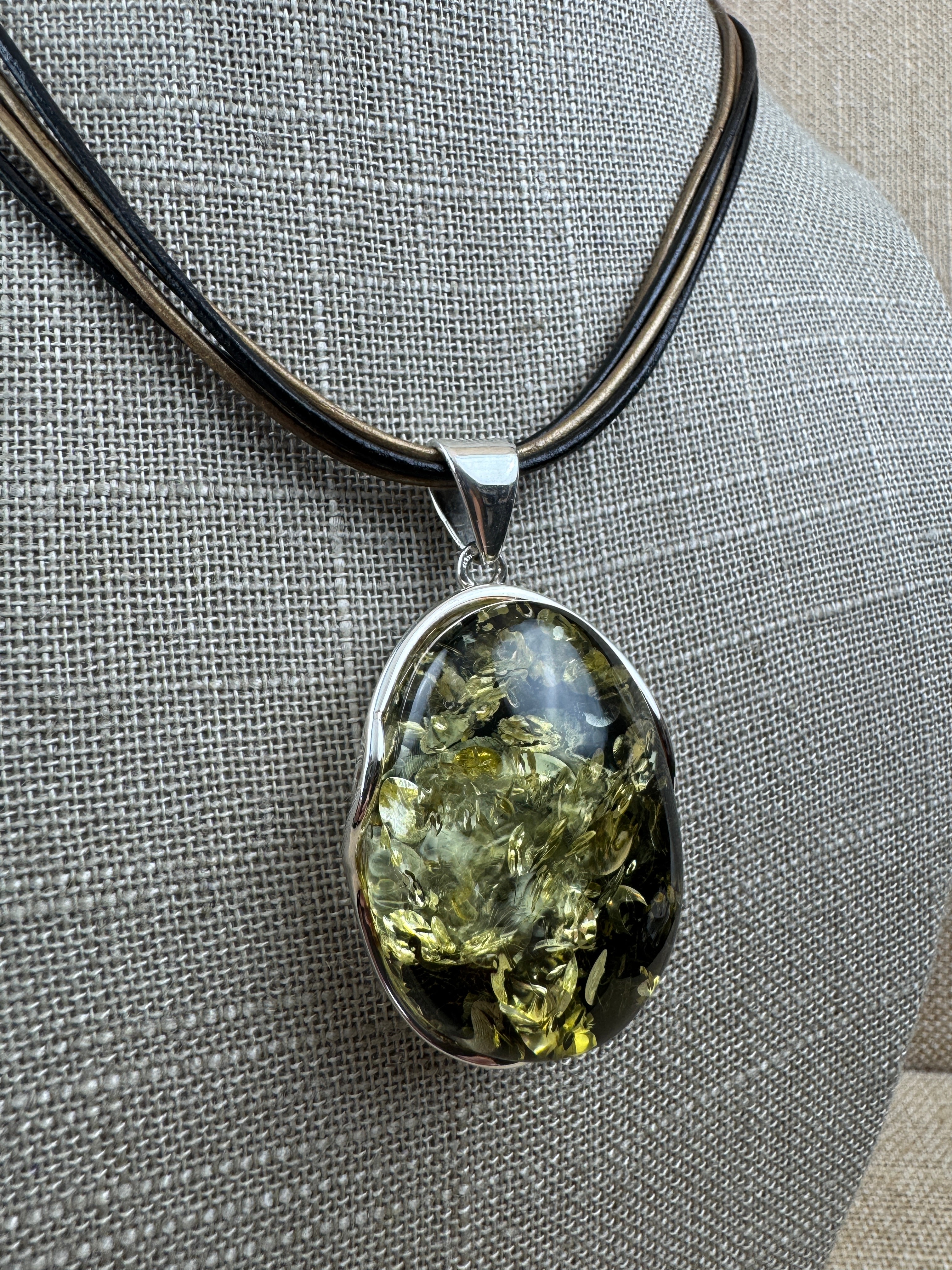 Oversized Green Baltic Amber Pendant on Thick Brown & Black Leather Cord – Handmade in Poland – Sterling Silver Setting