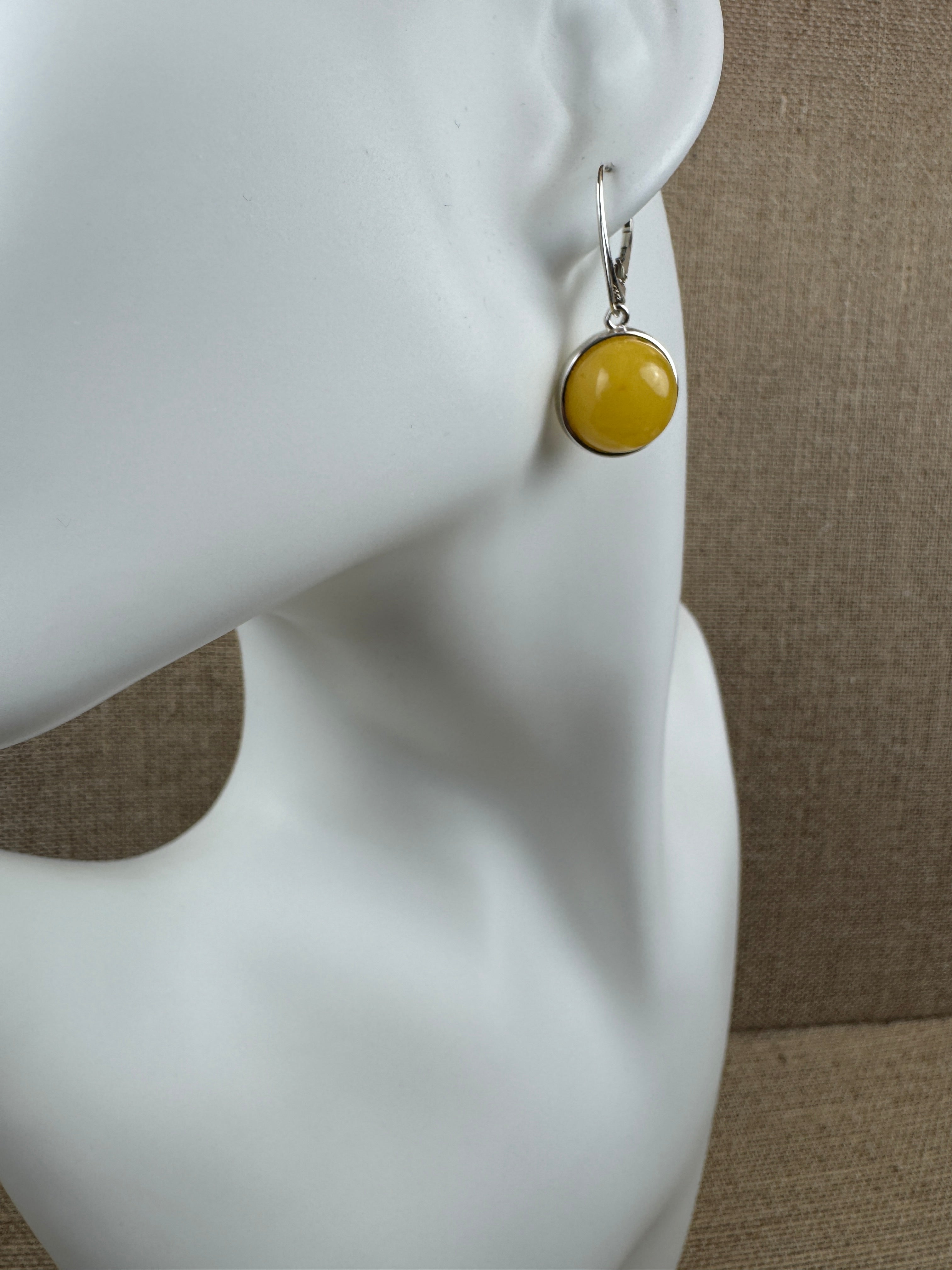 Handmade Sterling Silver Butterscotch Baltic Amber Lever Back Earrings | 14mm Round Yellow Cabochon Earrings