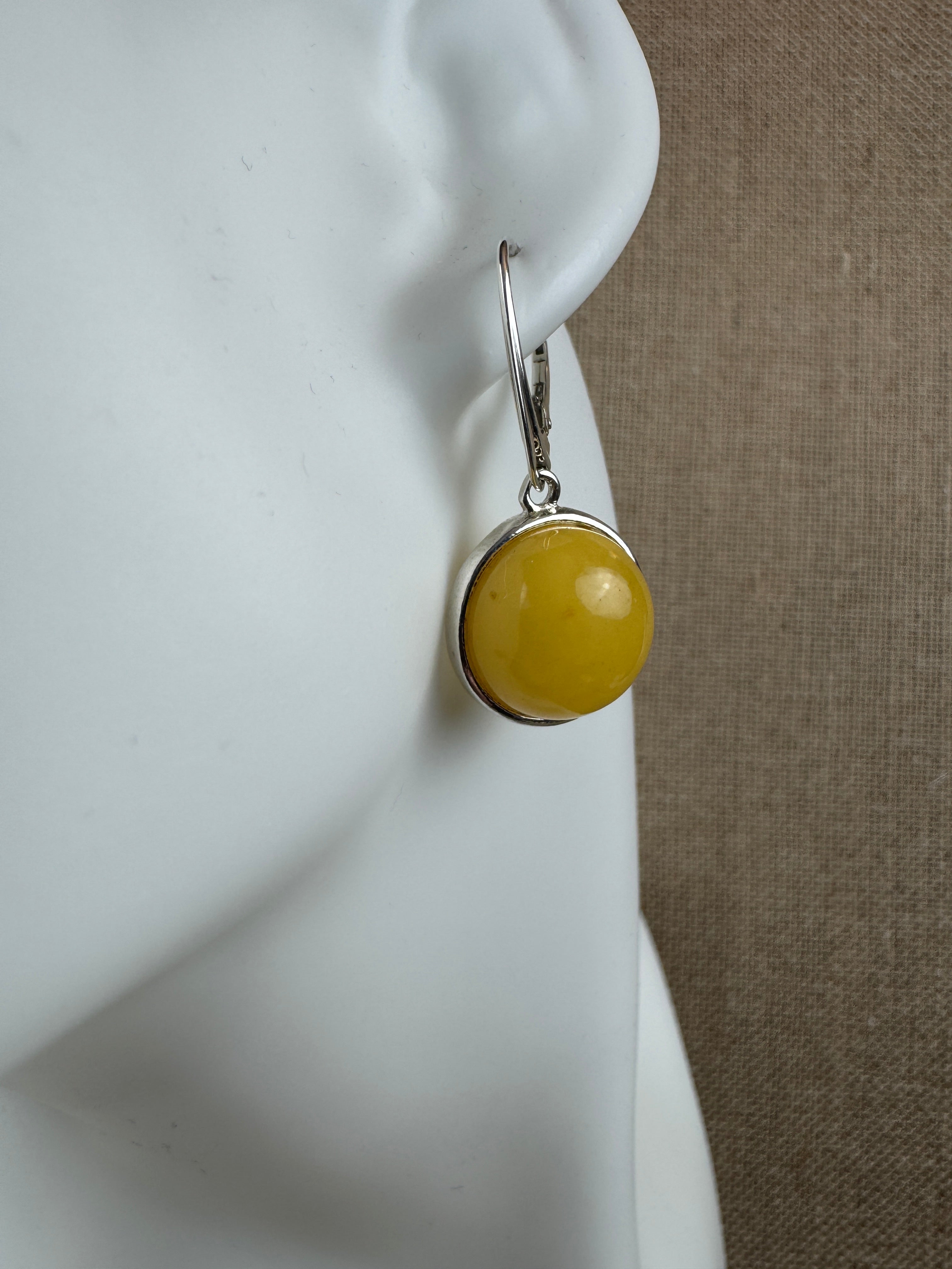 Handmade Sterling Silver Butterscotch Baltic Amber Lever Back Earrings | 14mm Round Yellow Cabochon Earrings