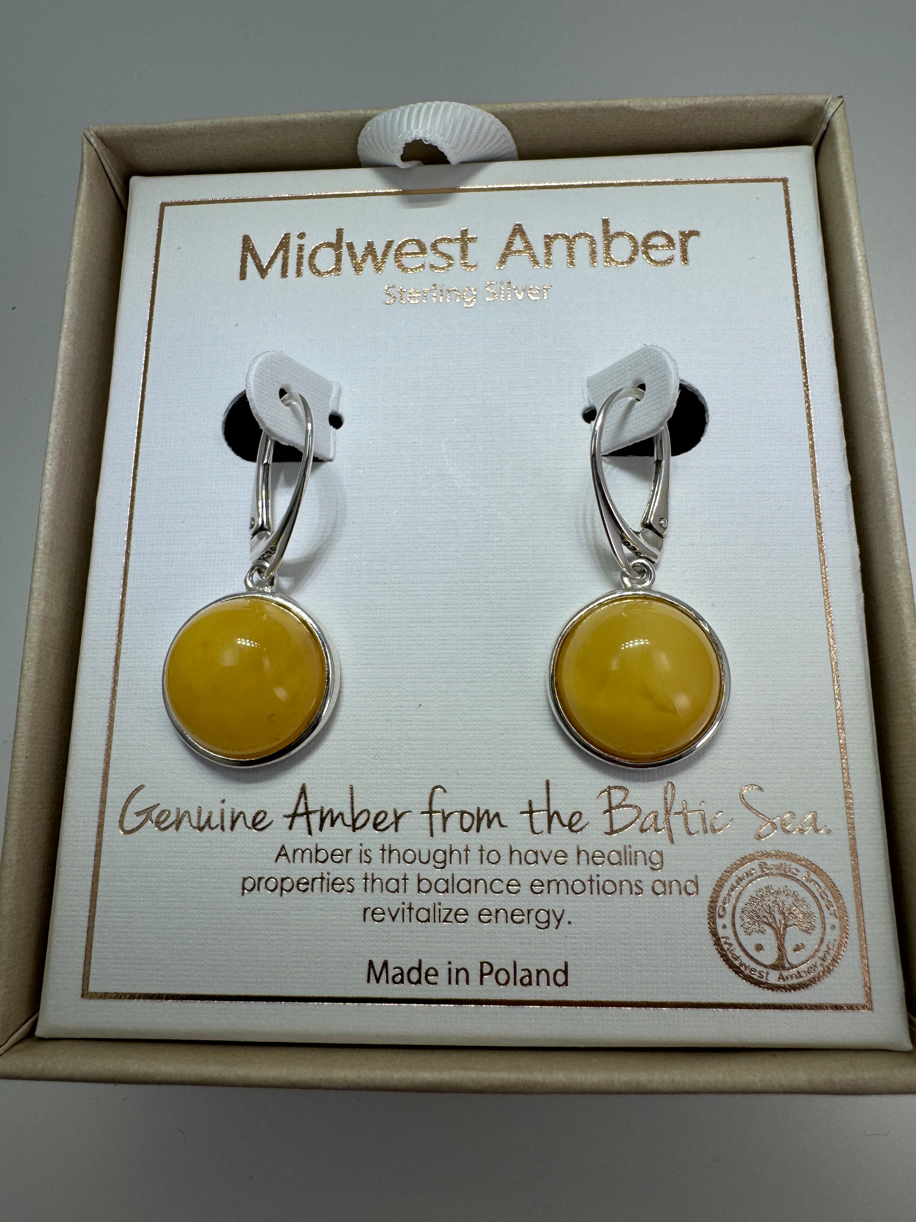 Handmade Sterling Silver Butterscotch Baltic Amber Lever Back Earrings | 14mm Round Yellow Cabochon Earrings