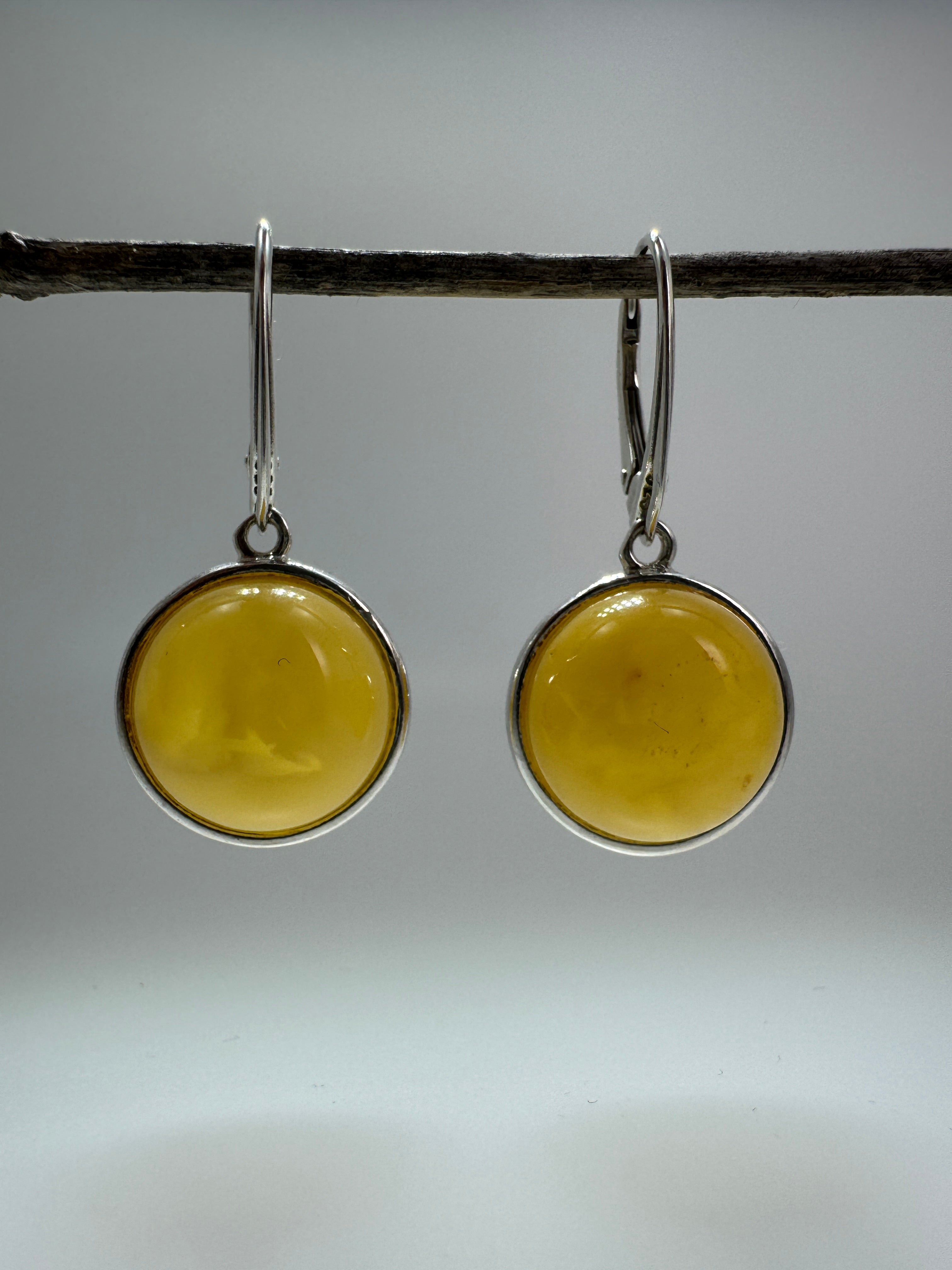 Handmade Sterling Silver Butterscotch Baltic Amber Lever Back Earrings | 14mm Round Yellow Cabochon Earrings