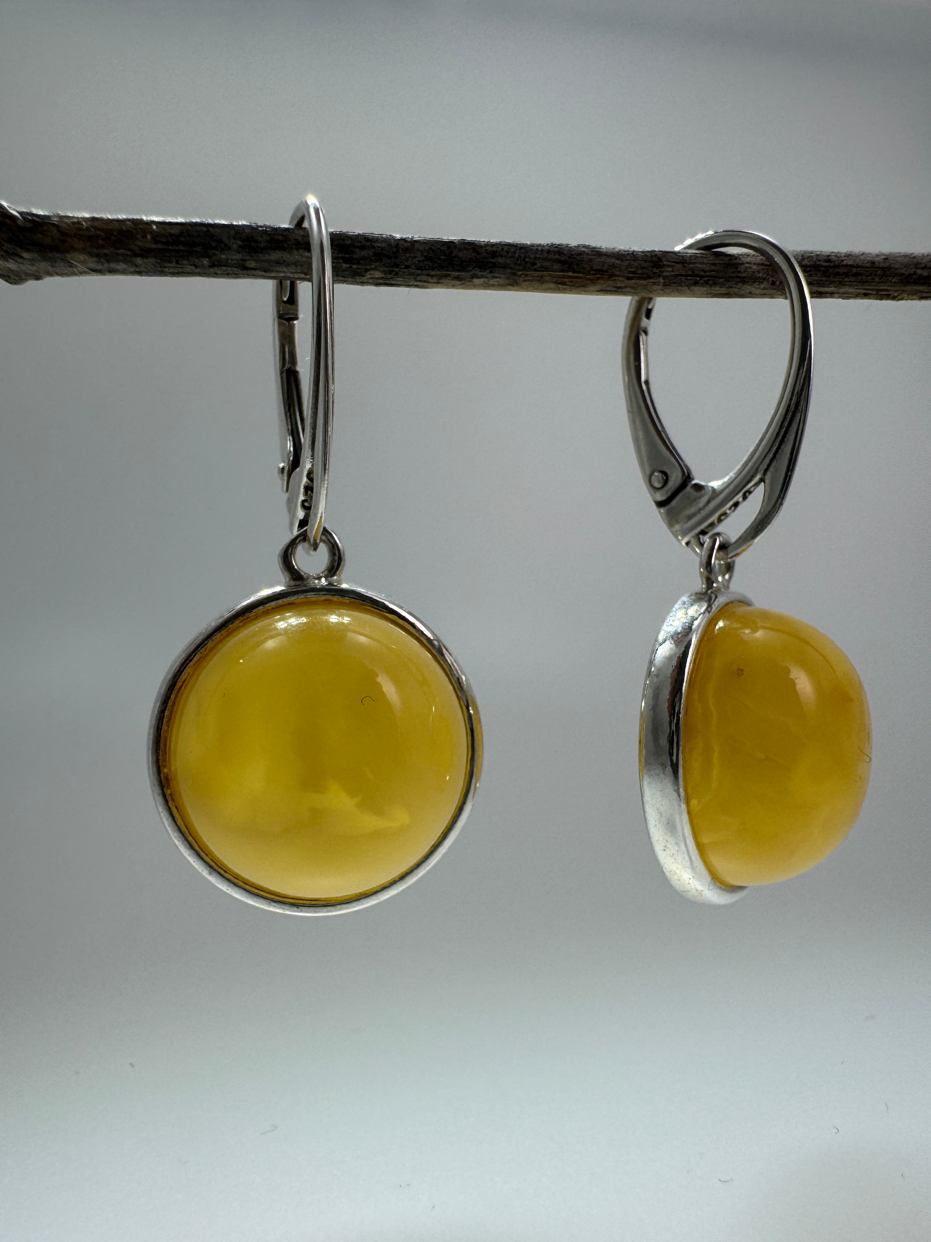 Handmade Sterling Silver Butterscotch Baltic Amber Lever Back Earrings | 14mm Round Yellow Cabochon Earrings