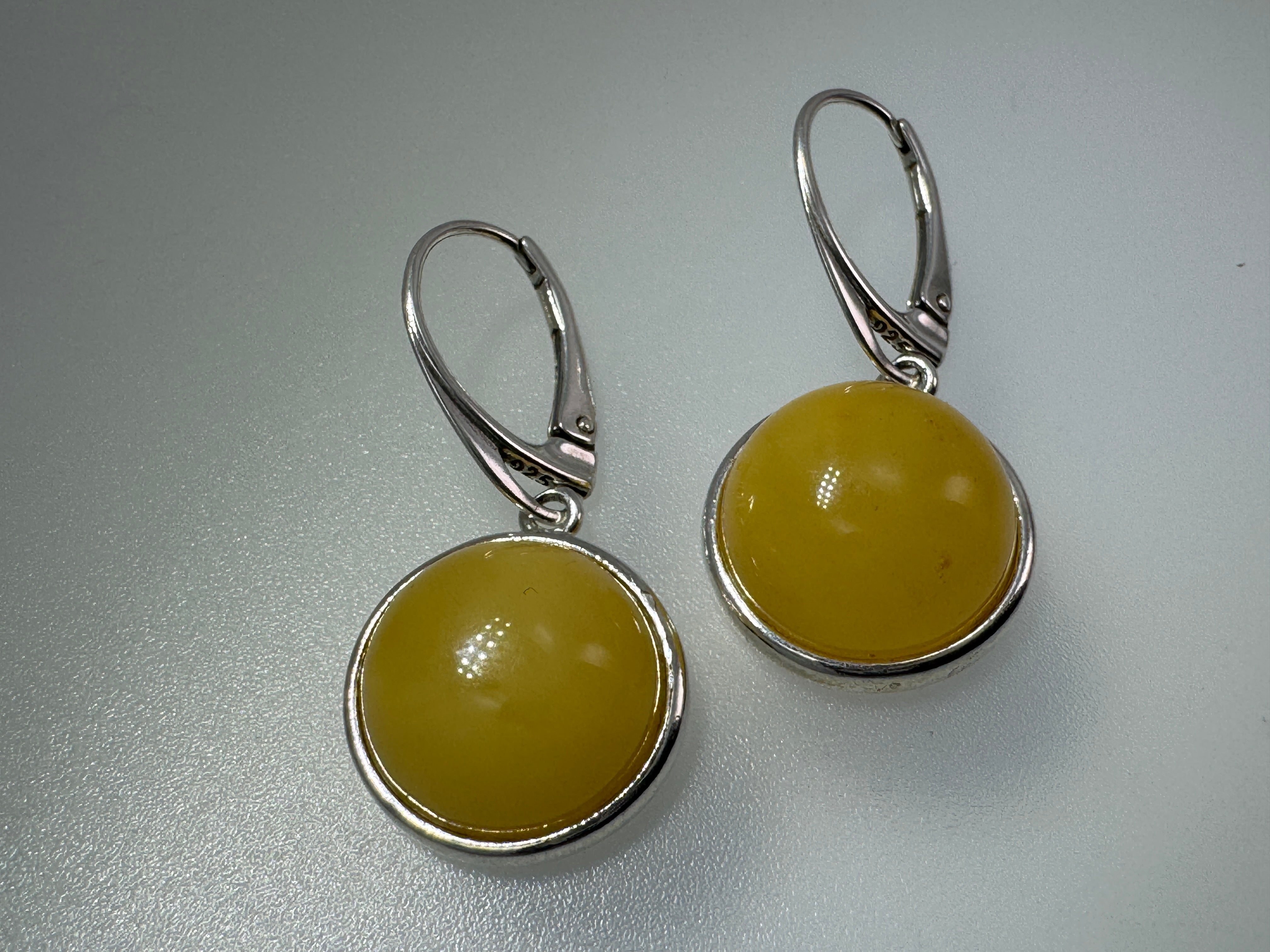 Handmade Sterling Silver Butterscotch Baltic Amber Lever Back Earrings | 14mm Round Yellow Cabochon Earrings