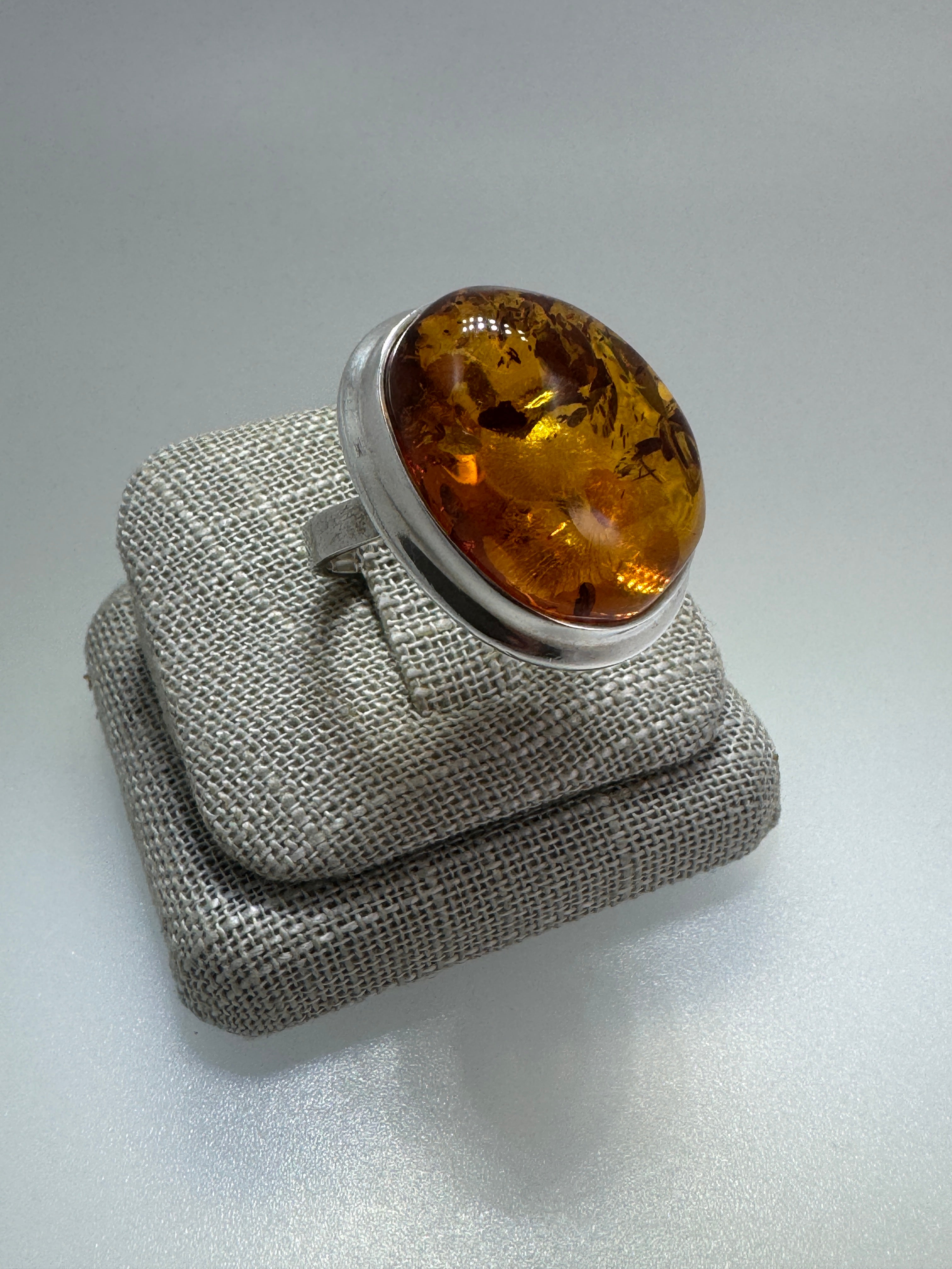 Handmade Oversized Cognac Baltic Amber Sterling Silver Ring Adjustable – 20x30mm Cabochon from Poland