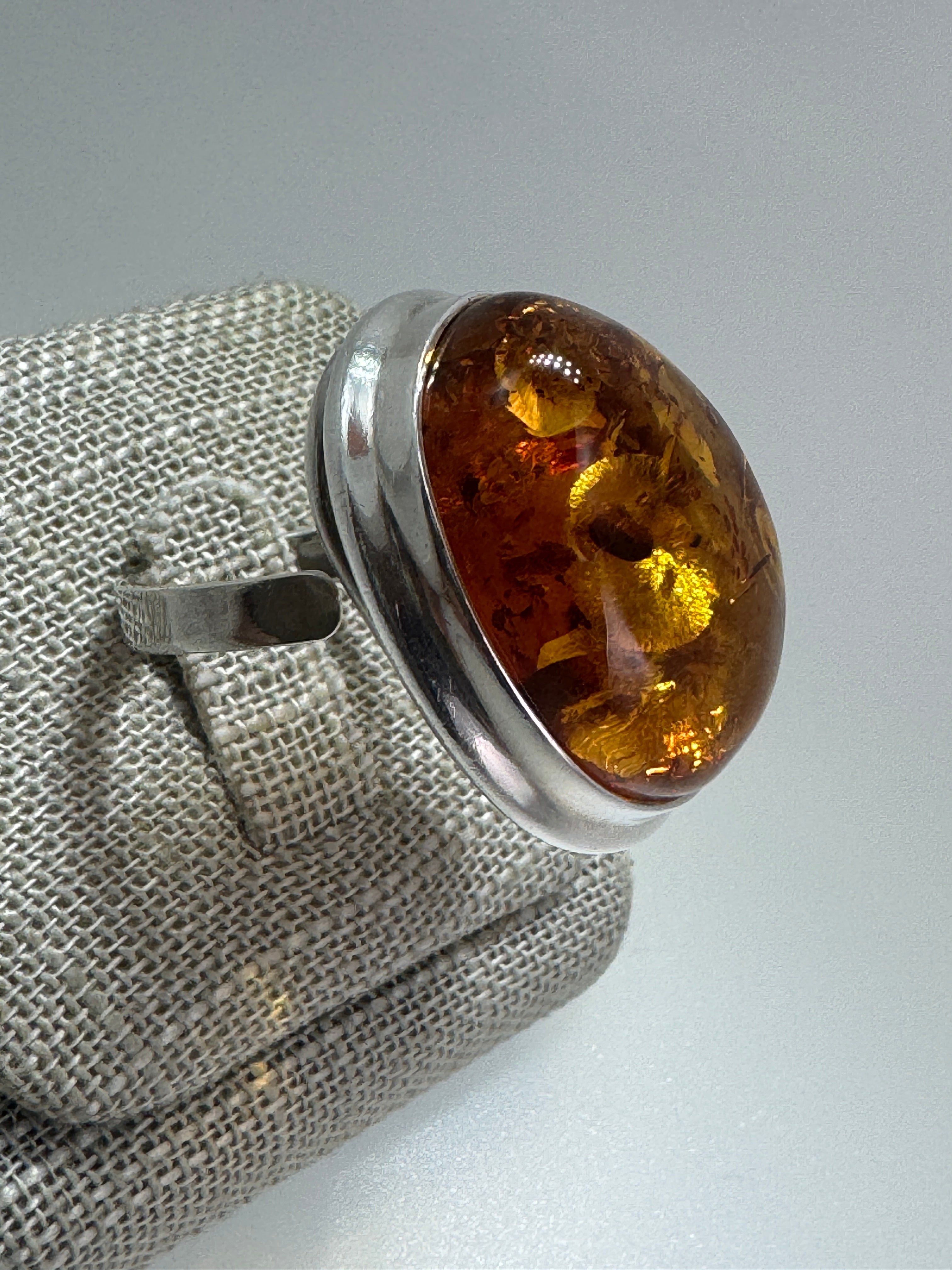 Handmade Oversized Cognac Baltic Amber Sterling Silver Ring Adjustable – 20x30mm Cabochon from Poland