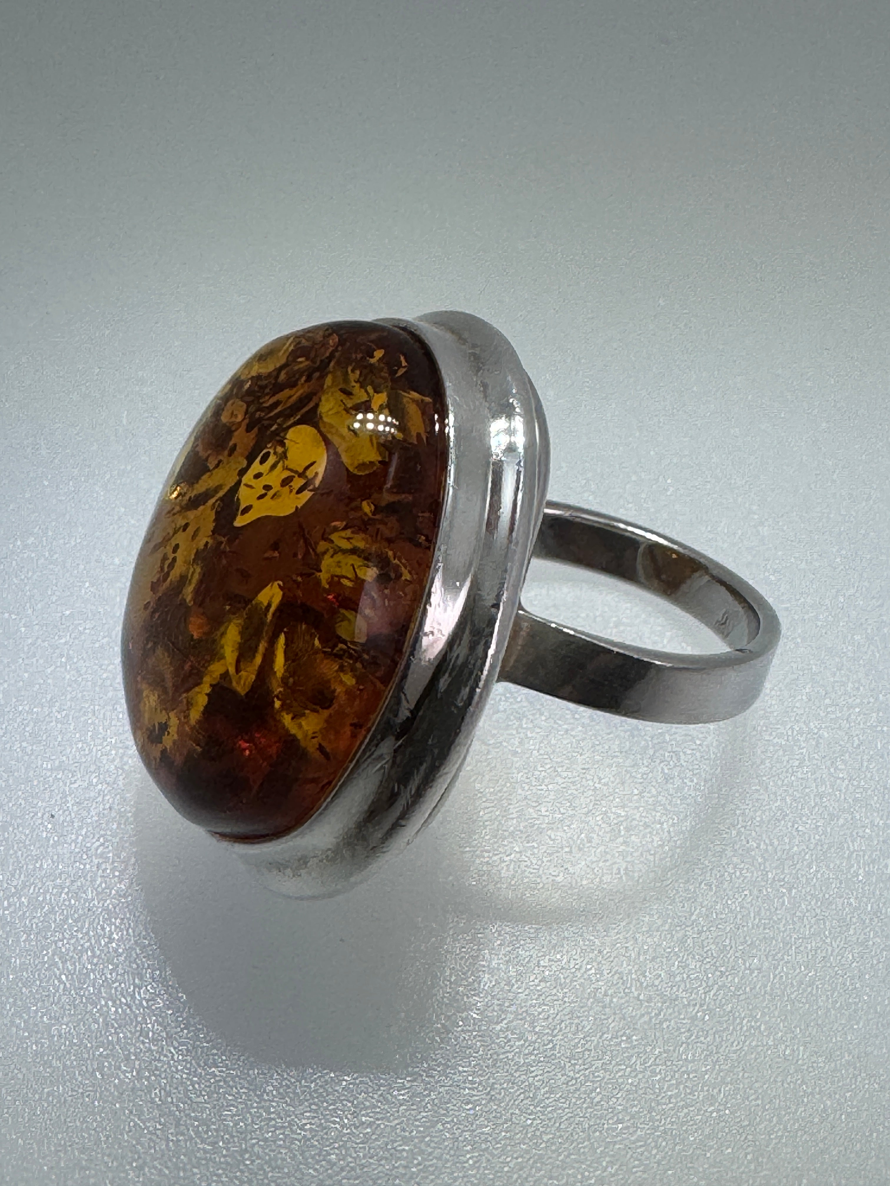 Handmade Oversized Cognac Baltic Amber Sterling Silver Ring Adjustable – 20x30mm Cabochon from Poland