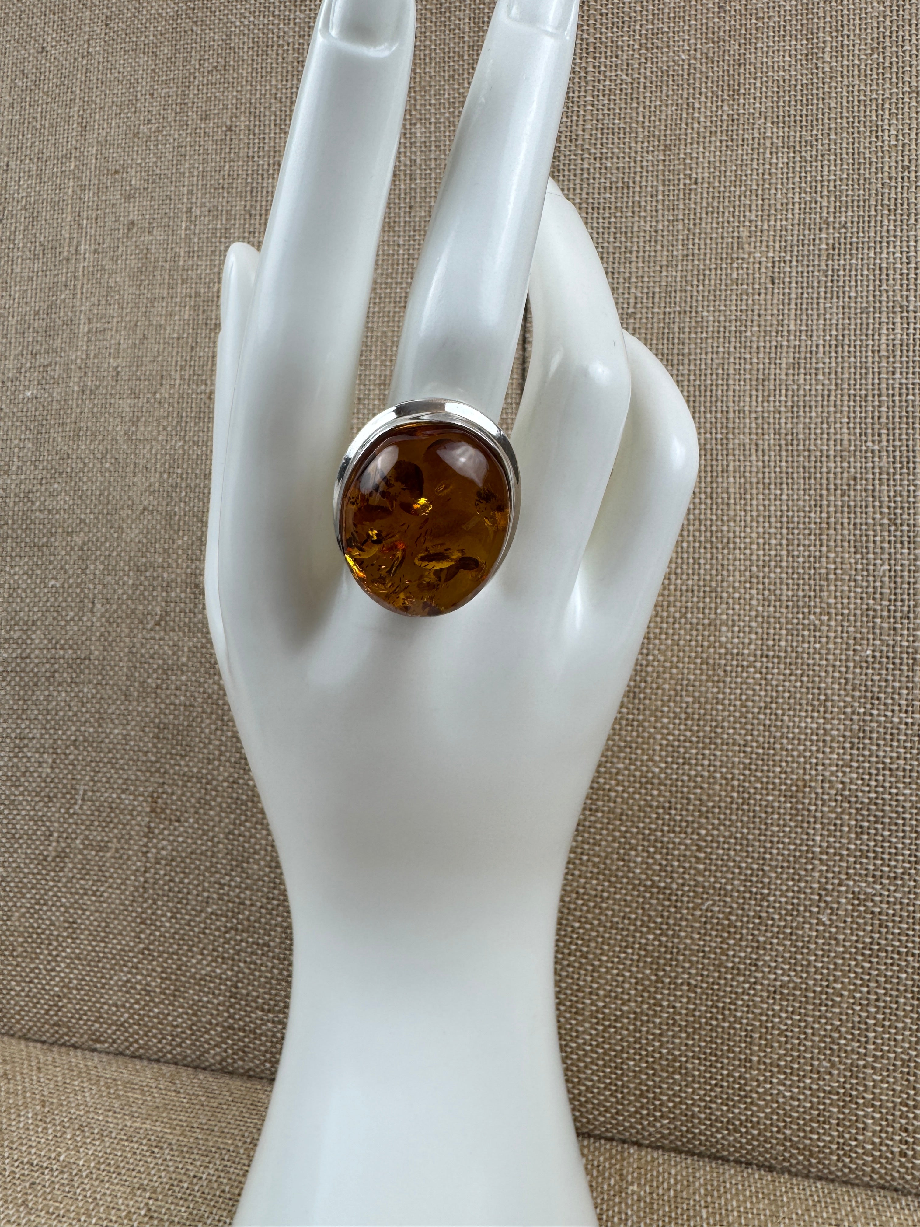 Handmade Oversized Cognac Baltic Amber Sterling Silver Ring Adjustable – 20x30mm Cabochon from Poland