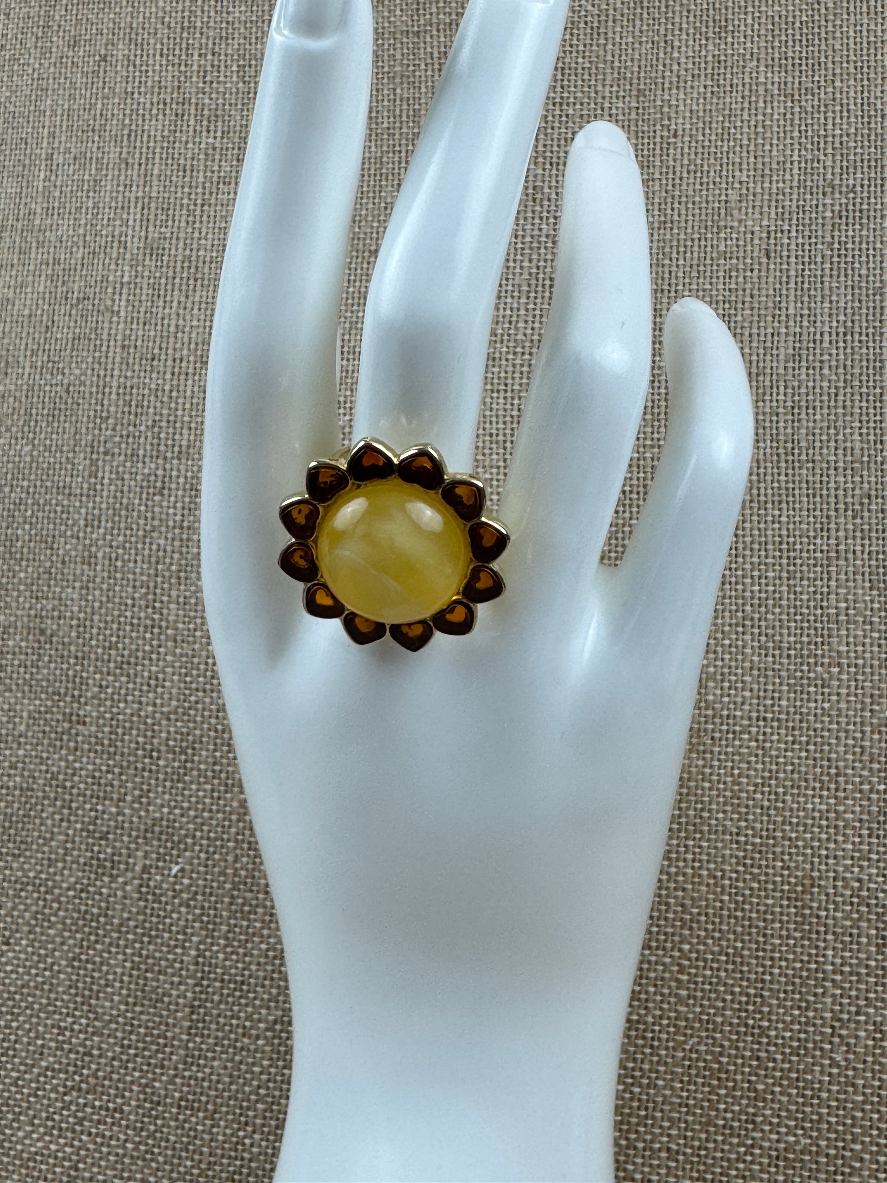 Gold Plated Sterling Silver Baltic Amber Heart Ring – Adjustable Multi-Stone Handmade in Poland