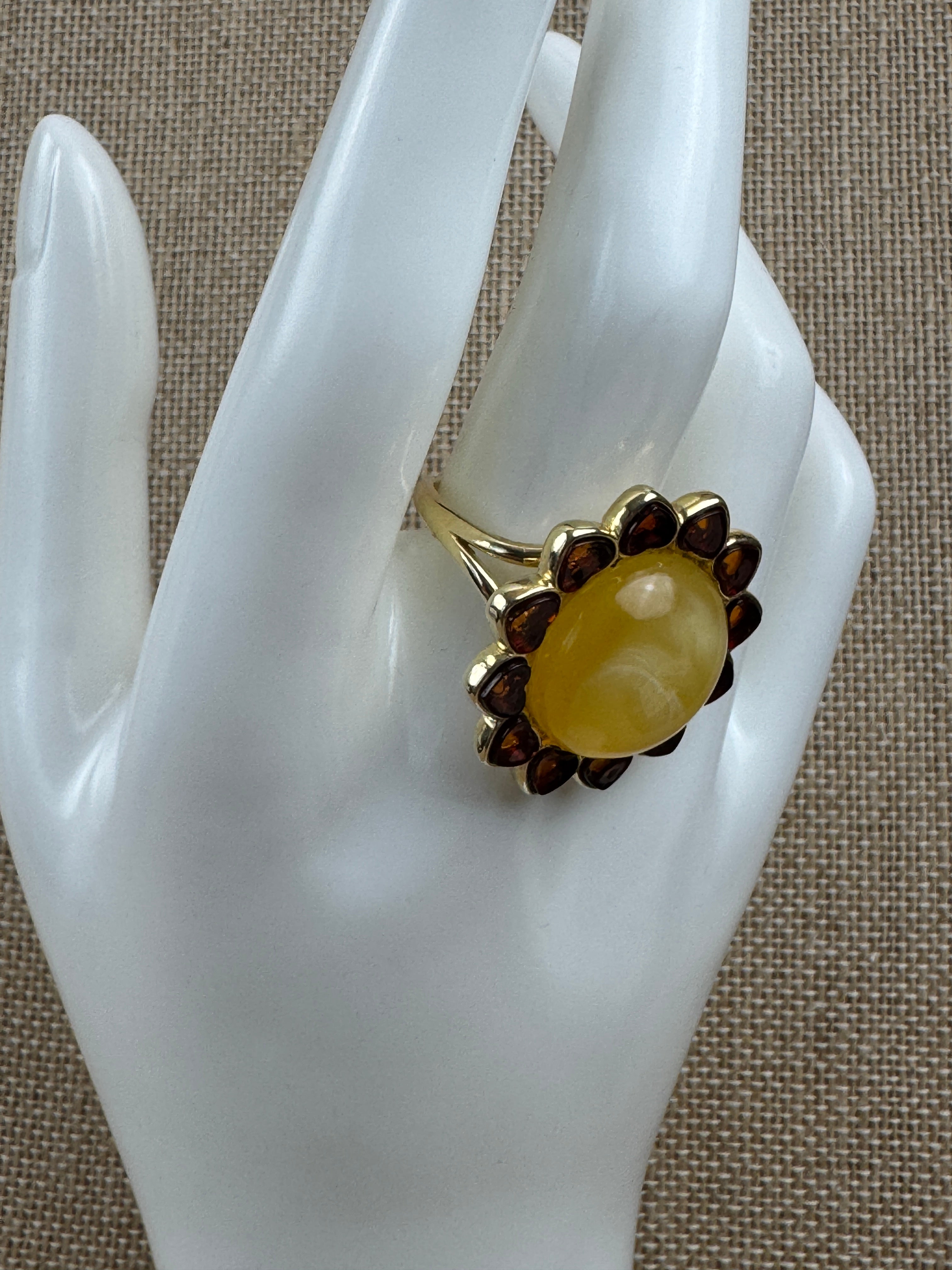 Gold Plated Sterling Silver Baltic Amber Heart Ring – Adjustable Multi-Stone Handmade in Poland