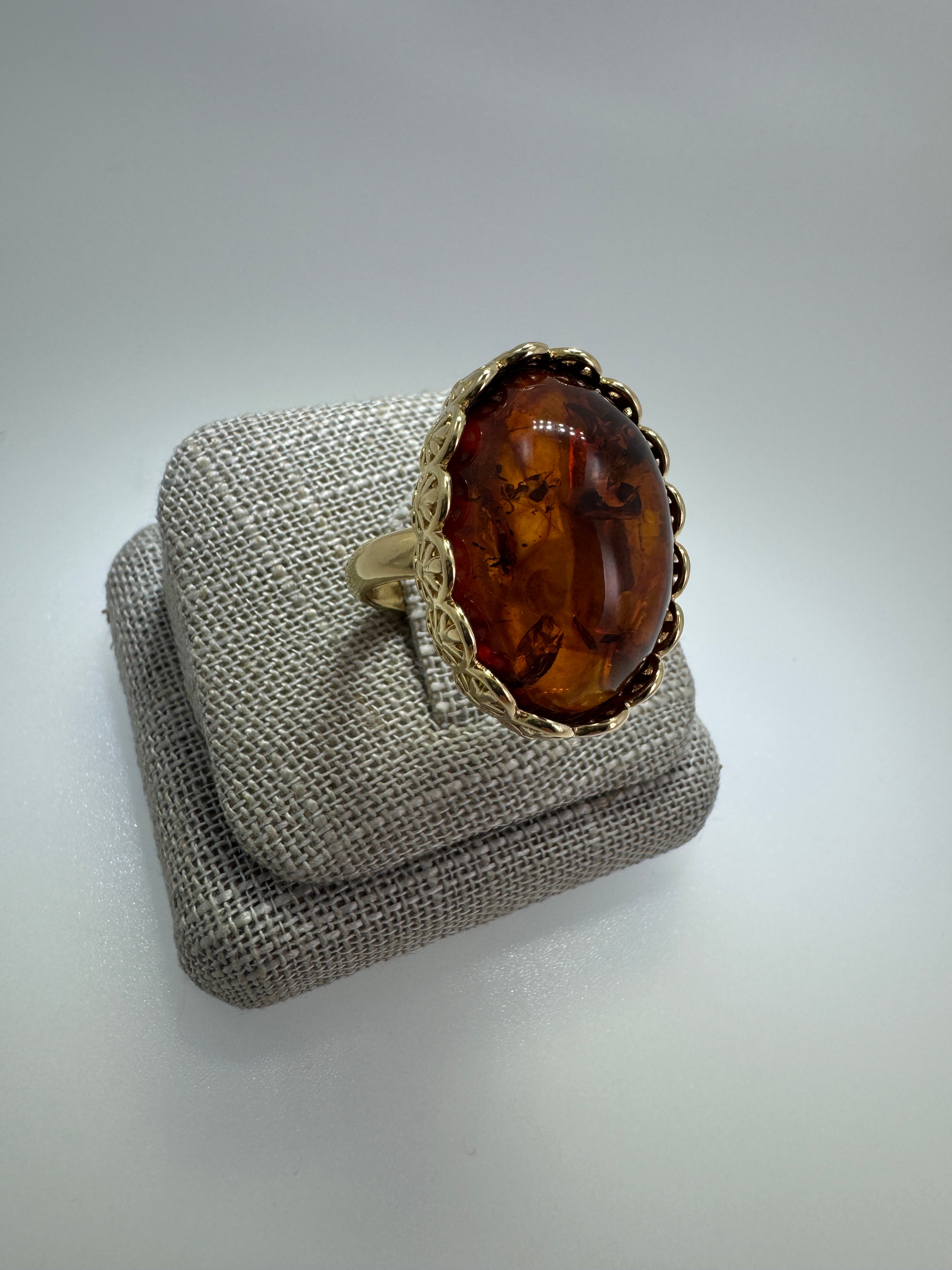 Gold Plated Sterling Silver Cognac Baltic Amber Ring – Handmade in Poland – 18x25mm Cabochon