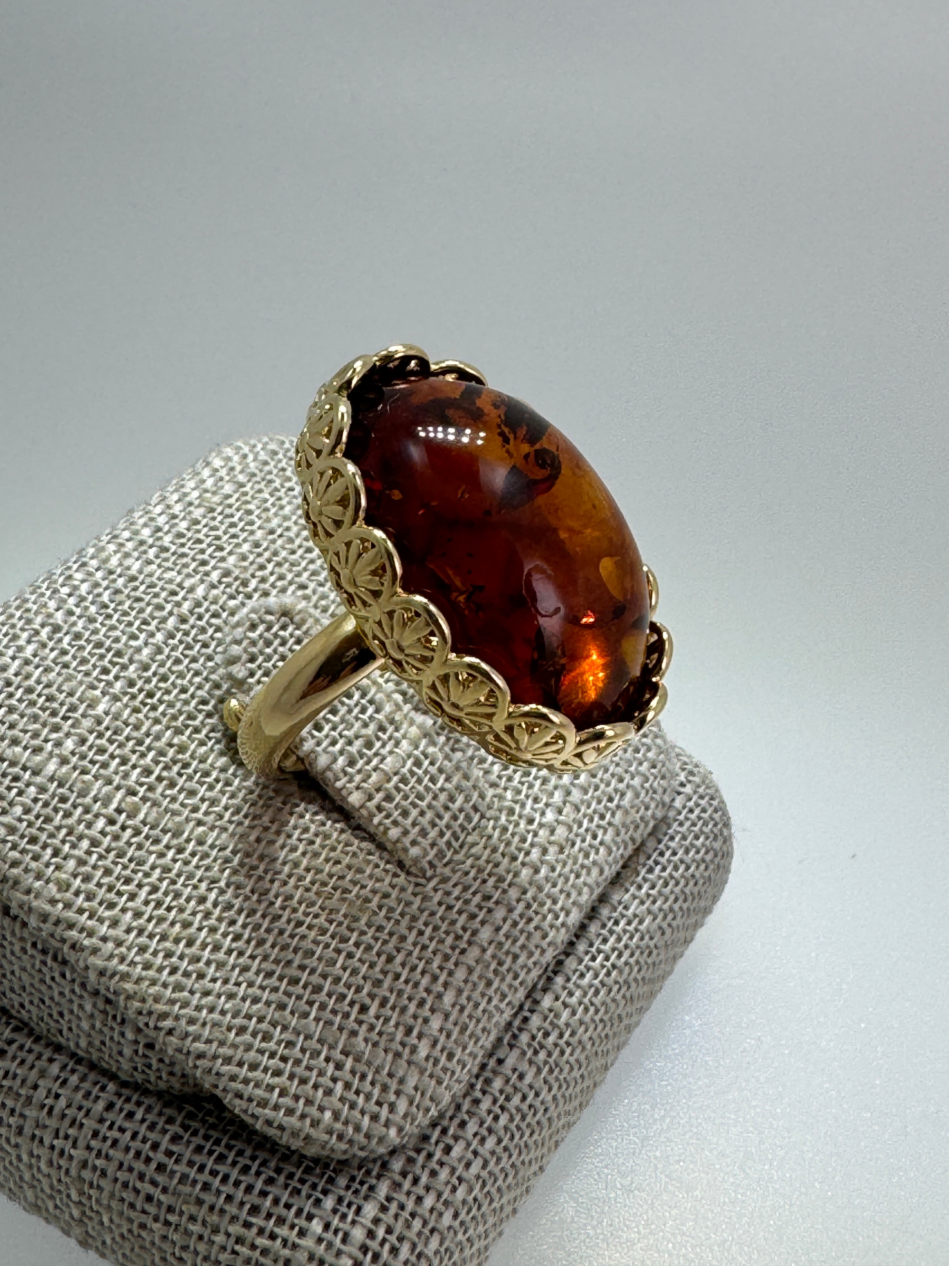 Gold Plated Sterling Silver Cognac Baltic Amber Ring – Handmade in Poland – 18x25mm Cabochon