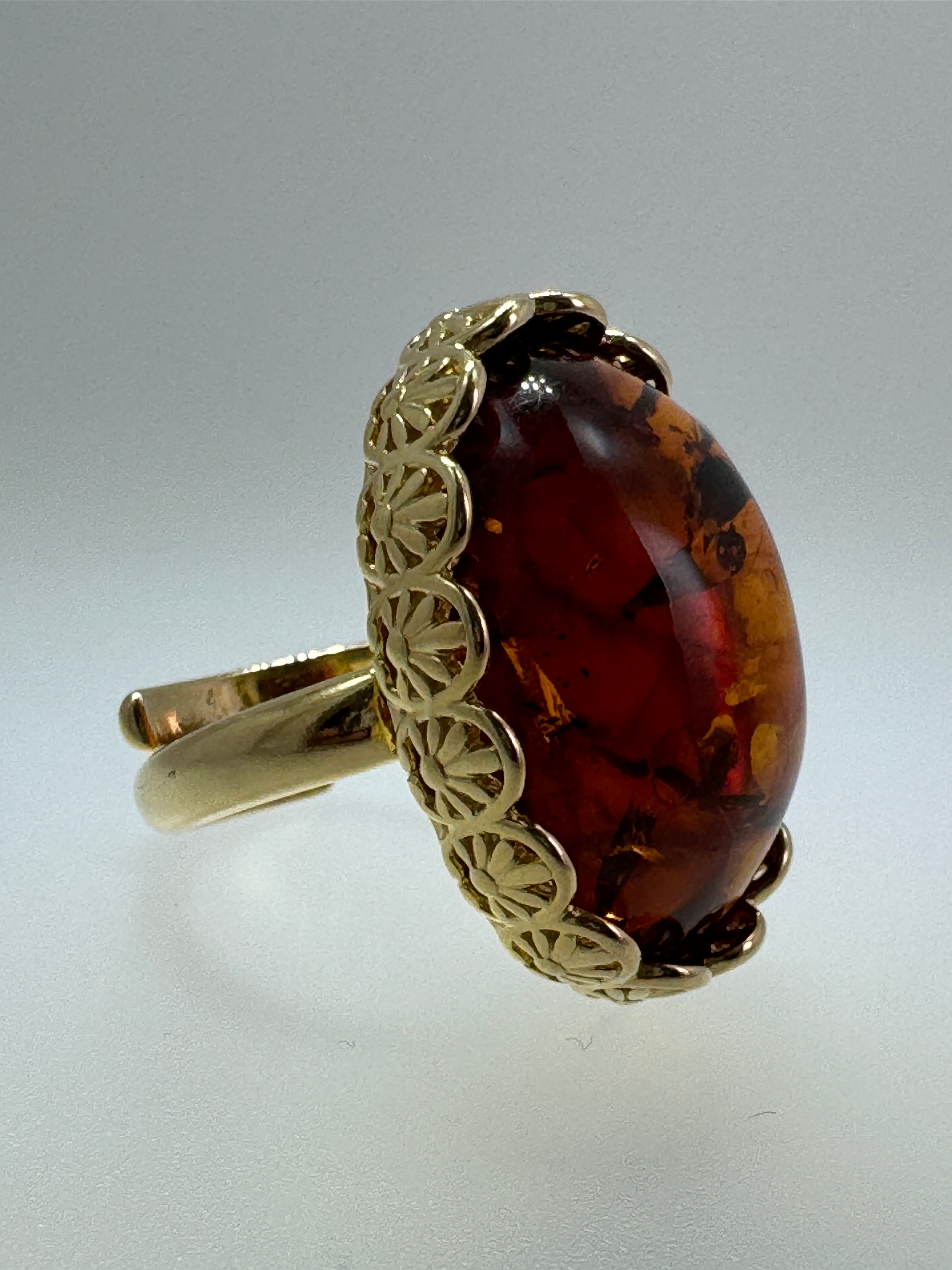 Gold Plated Sterling Silver Cognac Baltic Amber Ring – Handmade in Poland – 18x25mm Cabochon