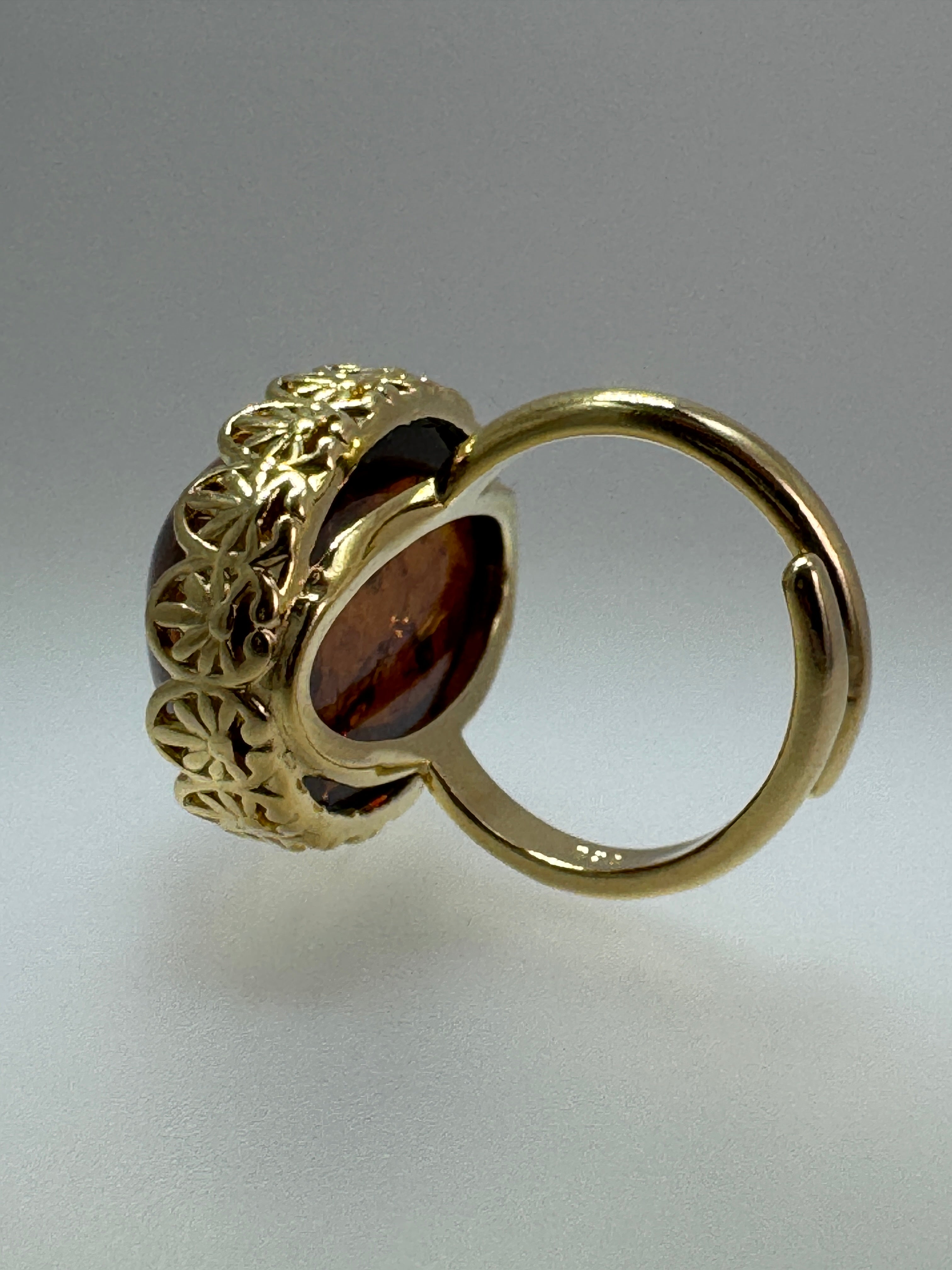 Gold Plated Sterling Silver Cognac Baltic Amber Ring – Handmade in Poland – 18x25mm Cabochon
