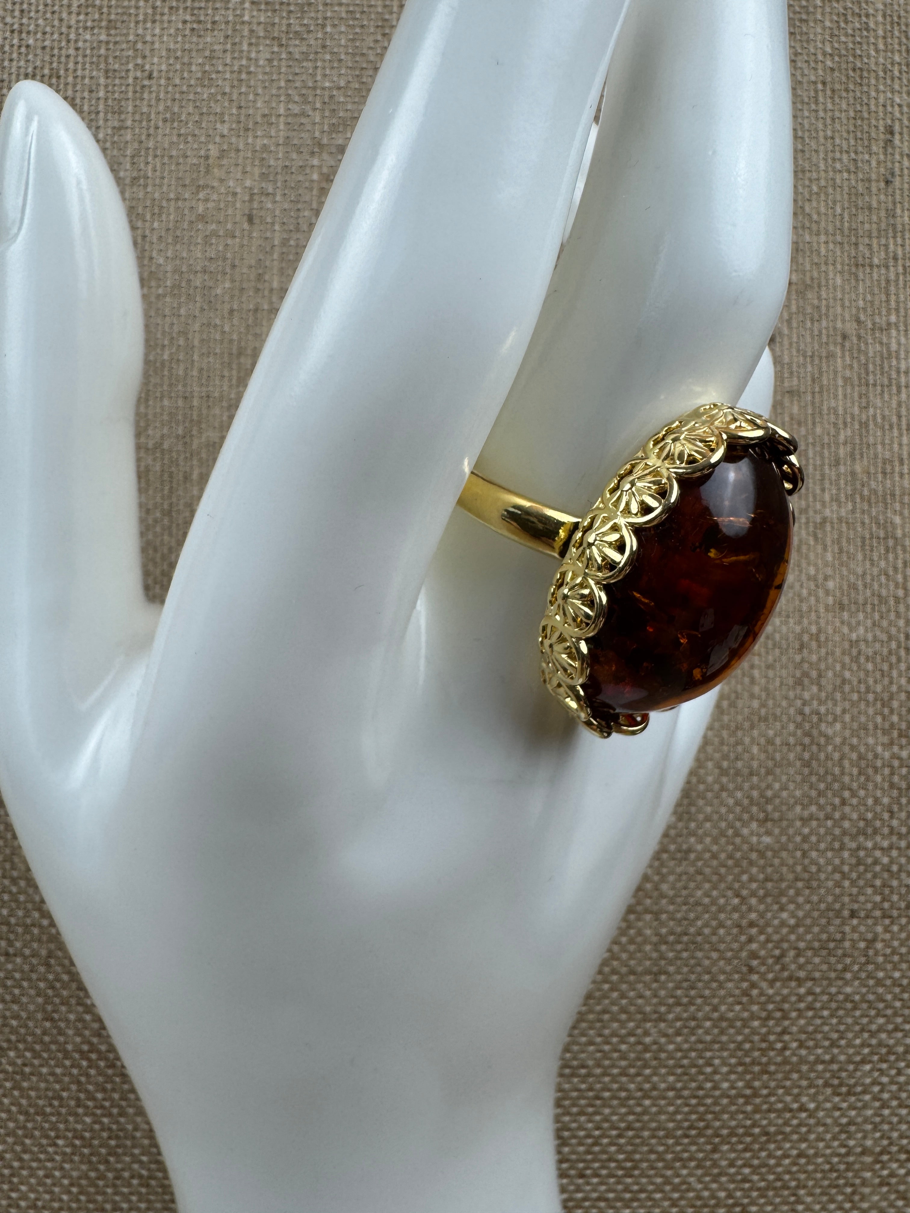 Gold Plated Sterling Silver Cognac Baltic Amber Ring – Handmade in Poland – 18x25mm Cabochon