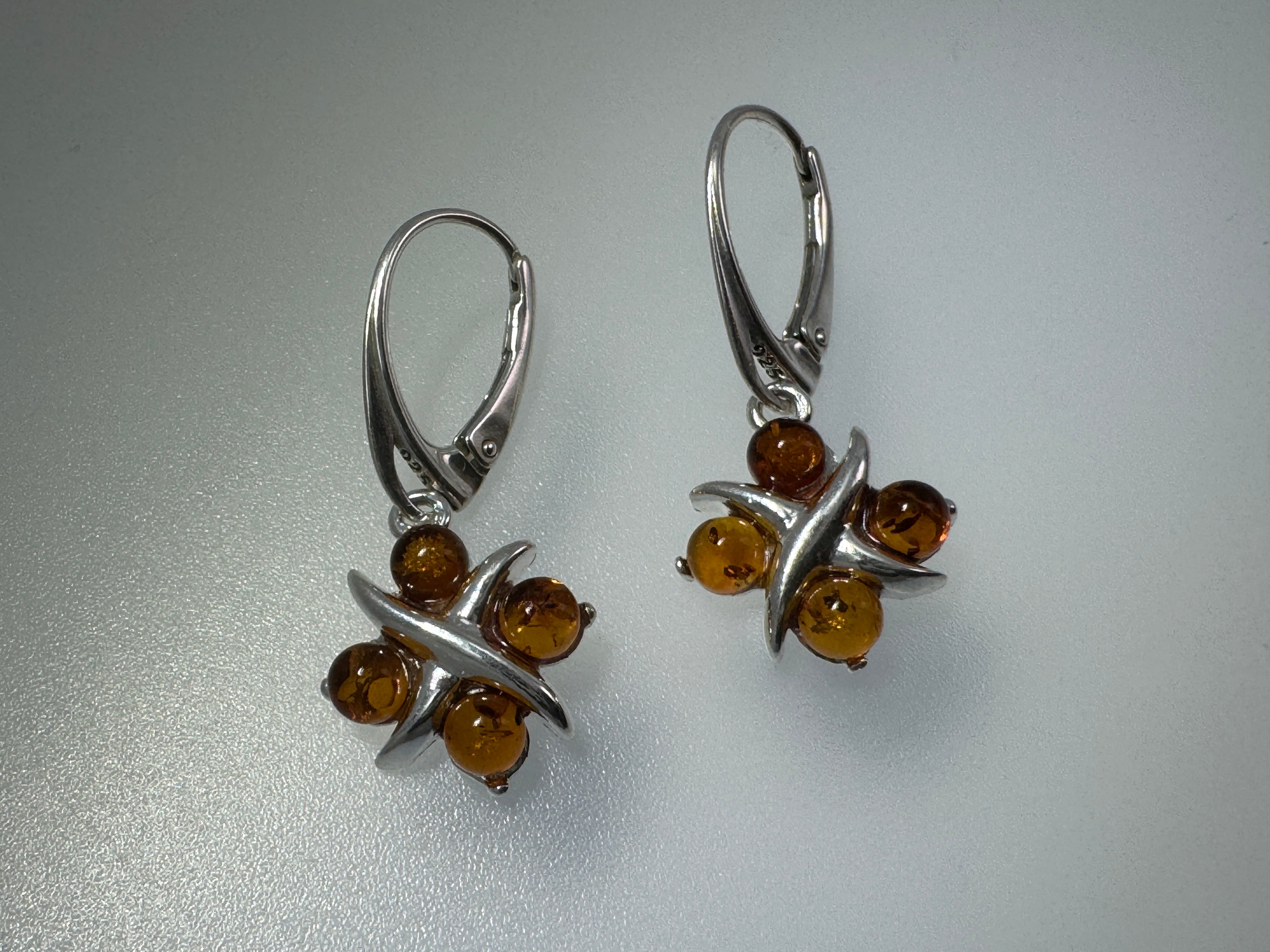 Sterling Silver Baltic Amber Earrings – X & O Design – Cognac or Multicolor Lever Back Drop Earrings Handmade in Poland