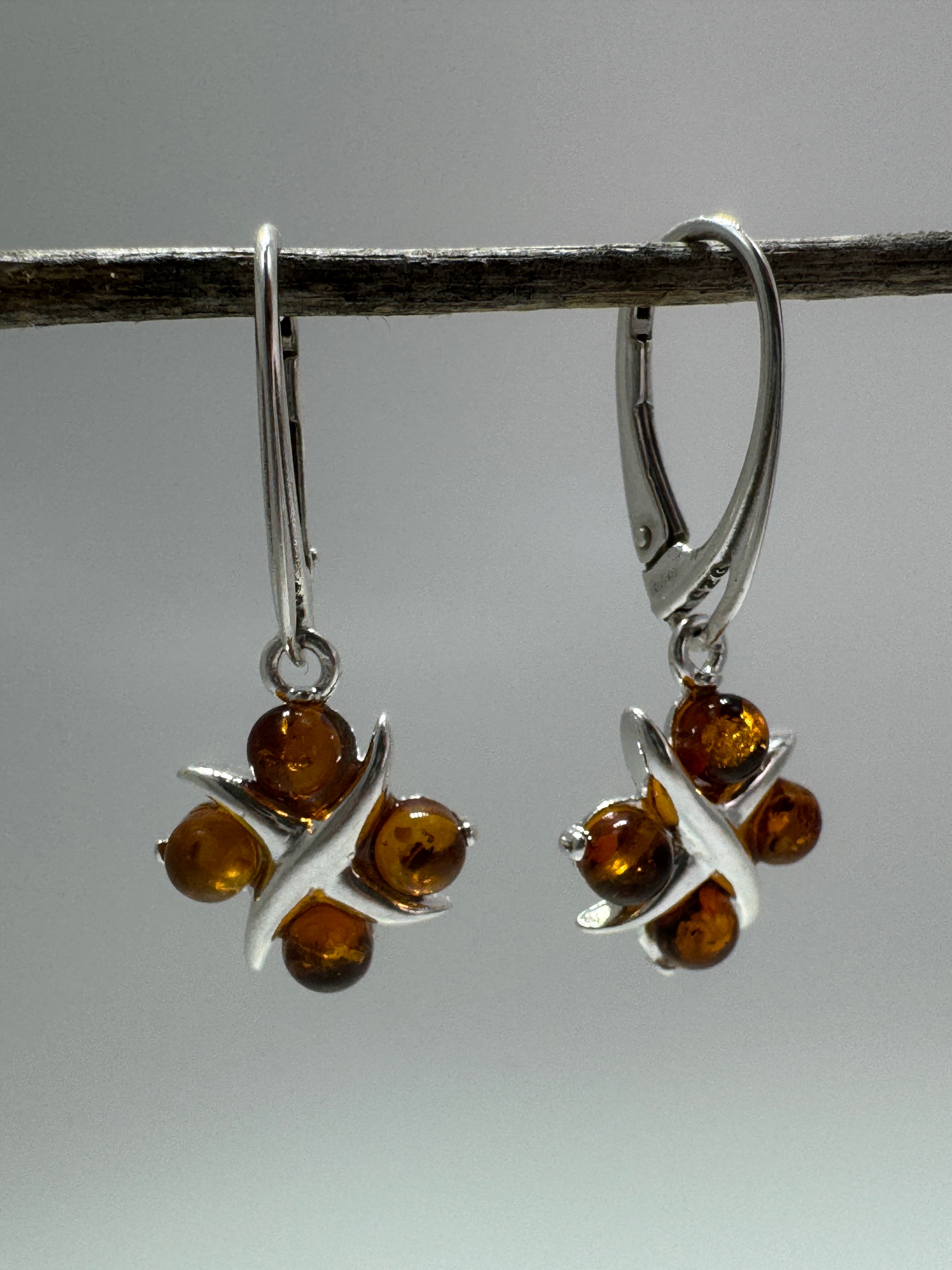 Sterling Silver Baltic Amber Earrings – X & O Design – Cognac or Multicolor Lever Back Drop Earrings Handmade in Poland