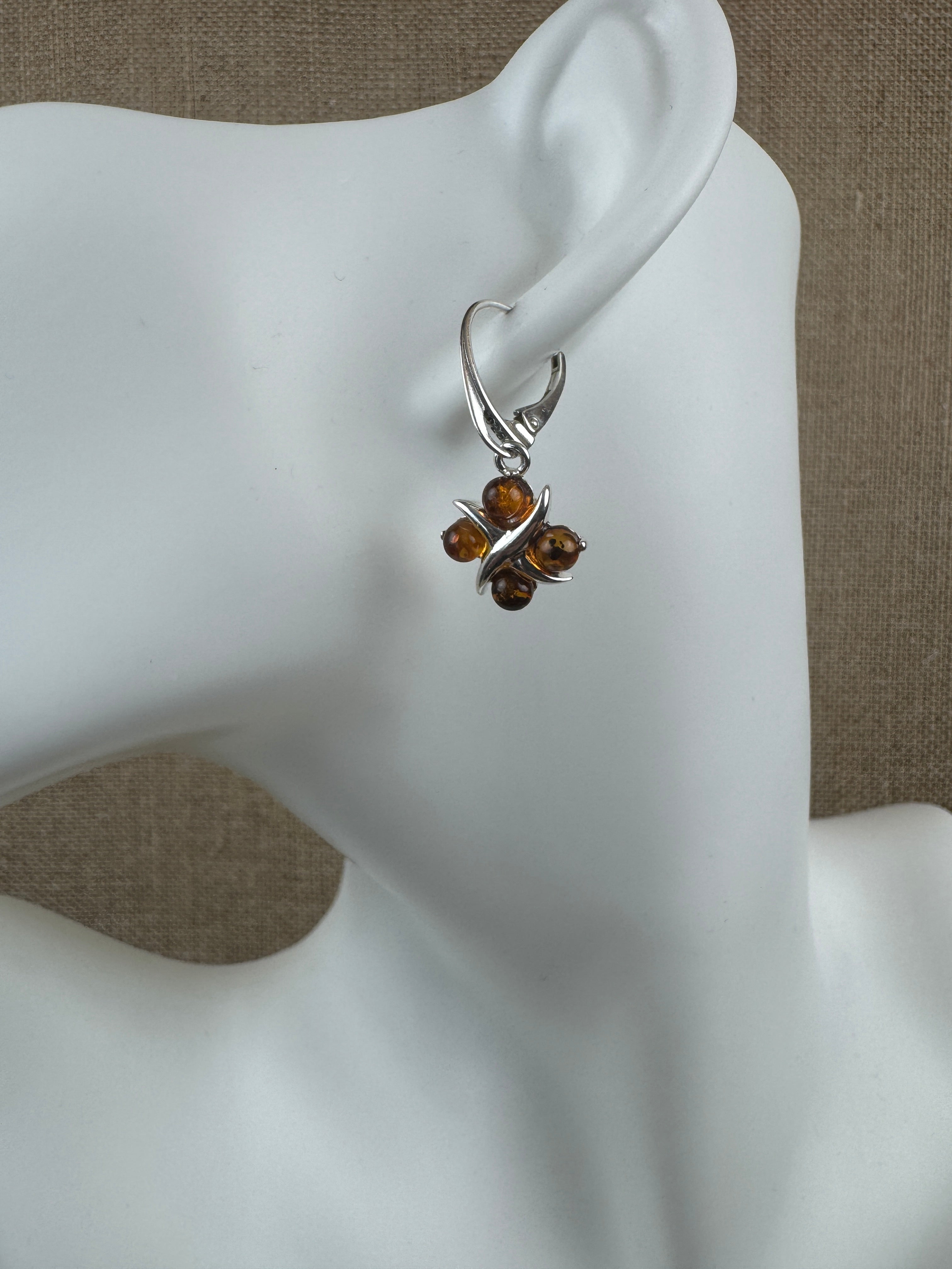 Sterling Silver Baltic Amber Earrings – X & O Design – Cognac or Multicolor Lever Back Drop Earrings Handmade in Poland