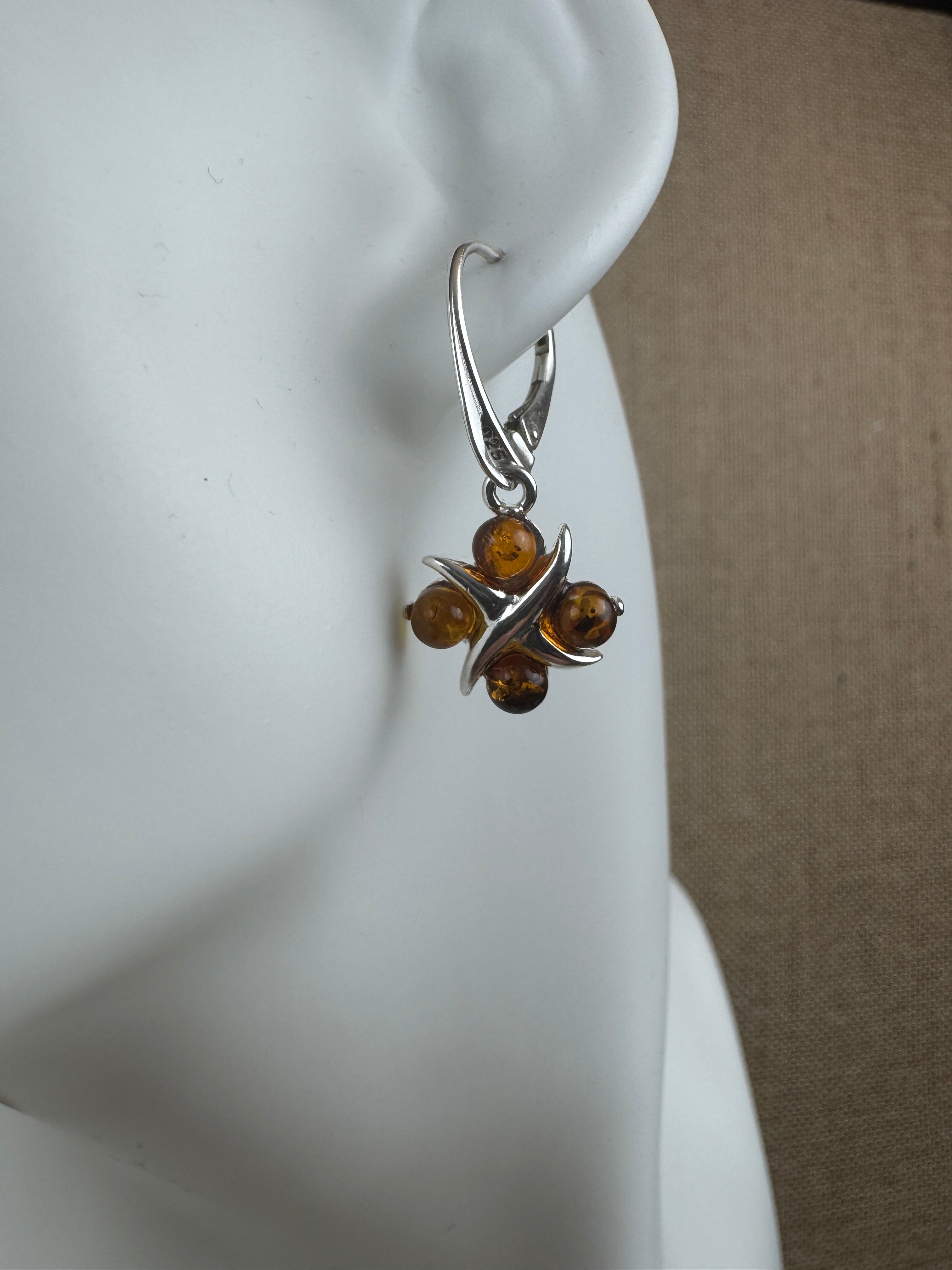 Sterling Silver Baltic Amber Earrings – X & O Design – Cognac or Multicolor Lever Back Drop Earrings Handmade in Poland