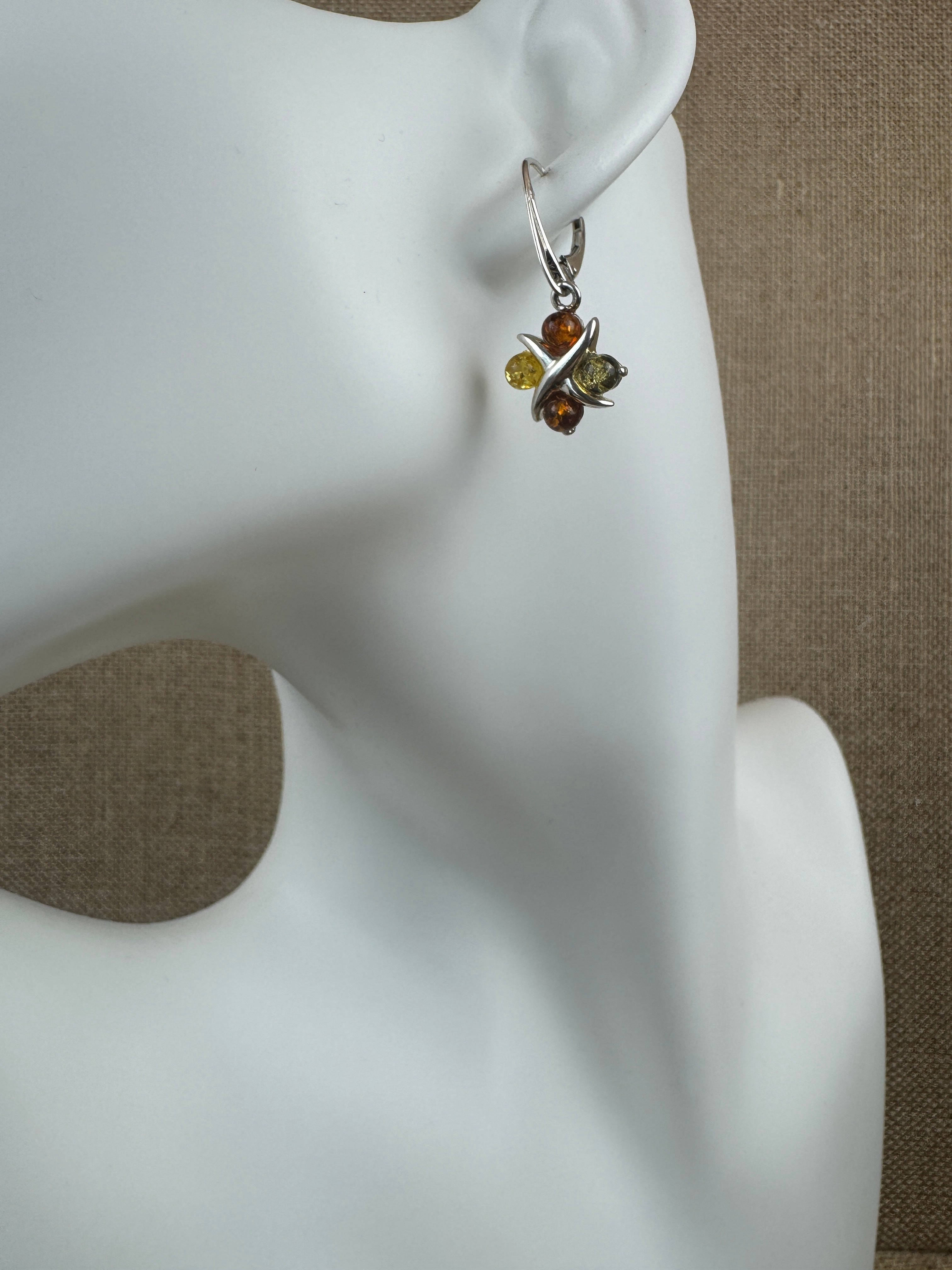 Sterling Silver Baltic Amber Earrings – X & O Design – Cognac or Multicolor Lever Back Drop Earrings Handmade in Poland
