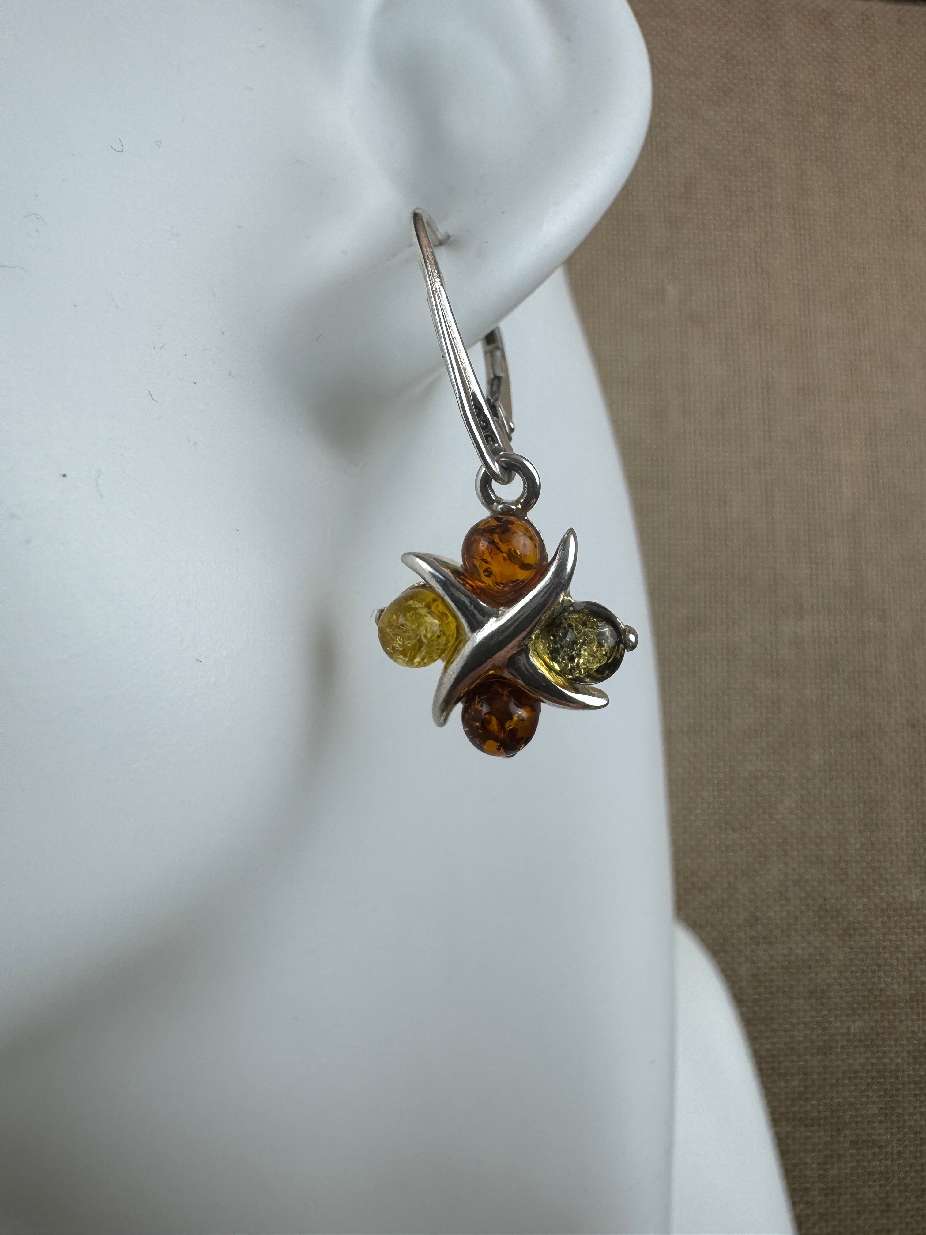 Sterling Silver Baltic Amber Earrings – X & O Design – Cognac or Multicolor Lever Back Drop Earrings Handmade in Poland