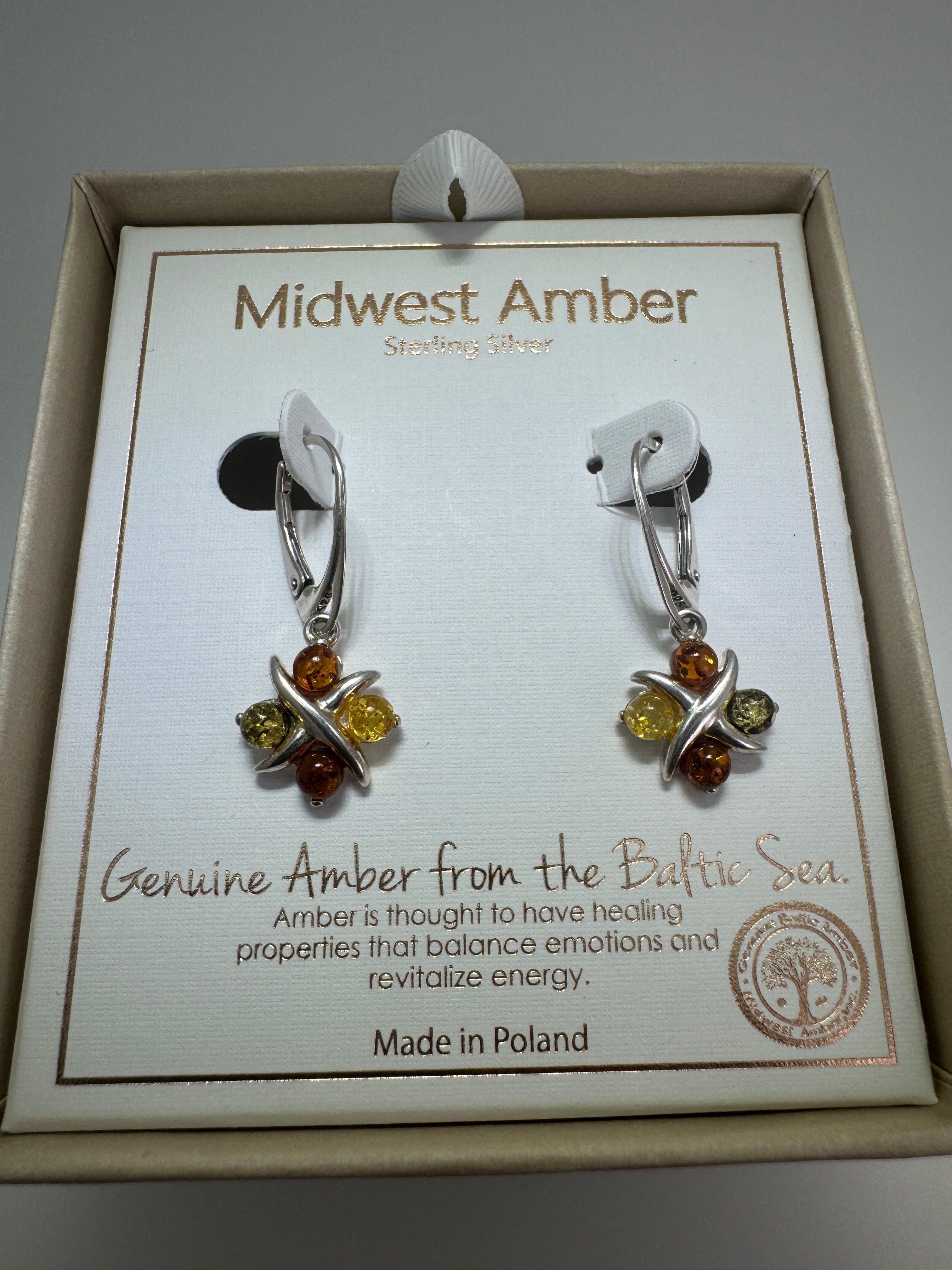 Sterling Silver Baltic Amber Earrings – X & O Design – Cognac or Multicolor Lever Back Drop Earrings Handmade in Poland