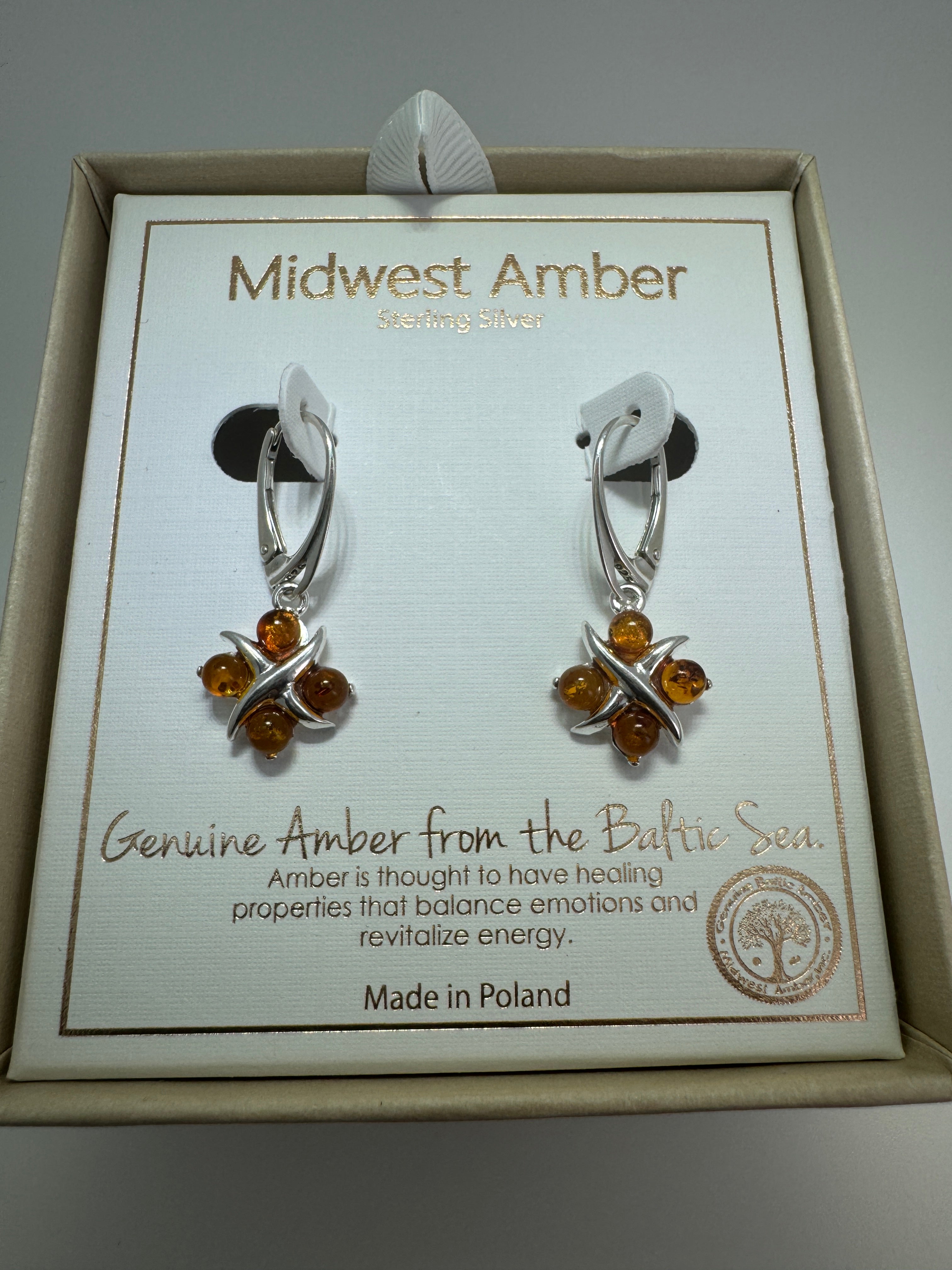 Sterling Silver Baltic Amber Earrings – X & O Design – Cognac or Multicolor Lever Back Drop Earrings Handmade in Poland