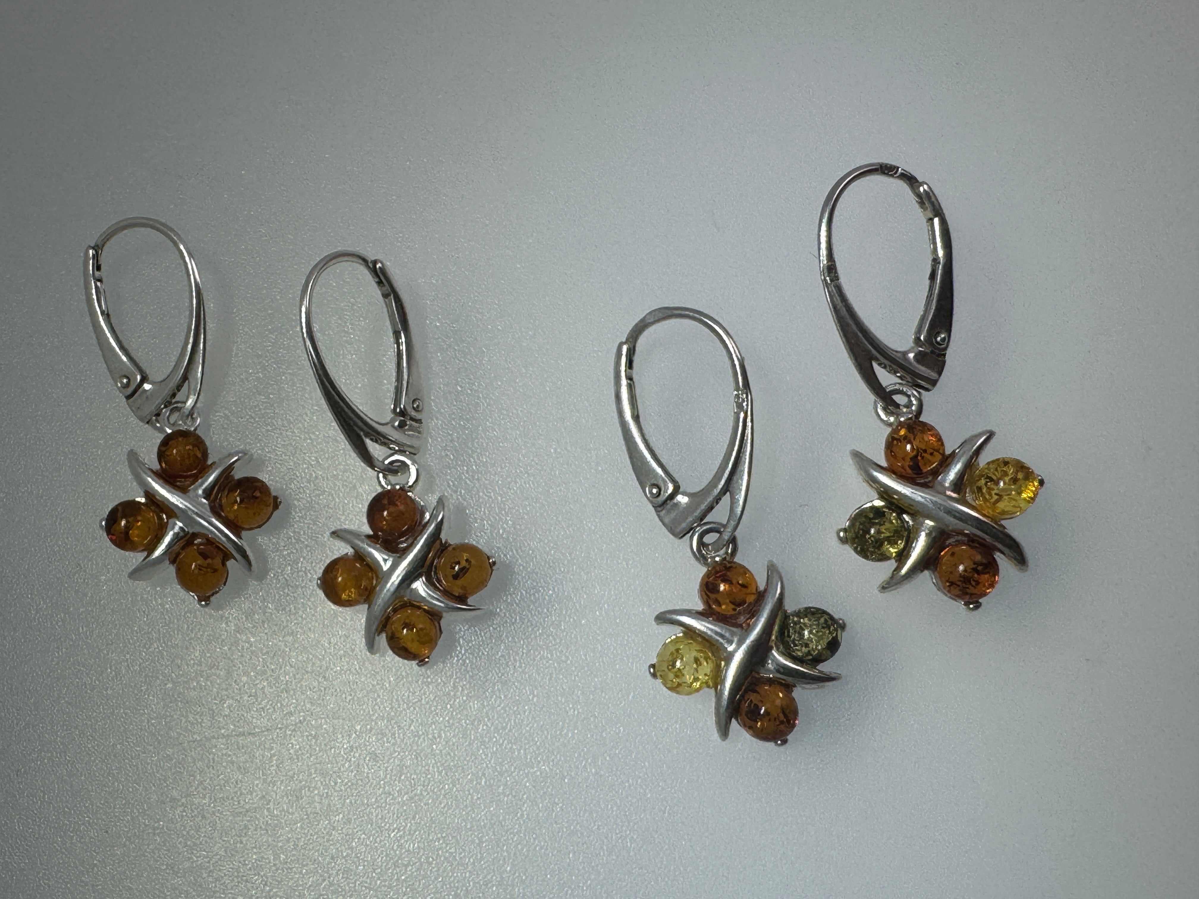 Sterling Silver Baltic Amber Earrings – X & O Design – Cognac or Multicolor Lever Back Drop Earrings Handmade in Poland