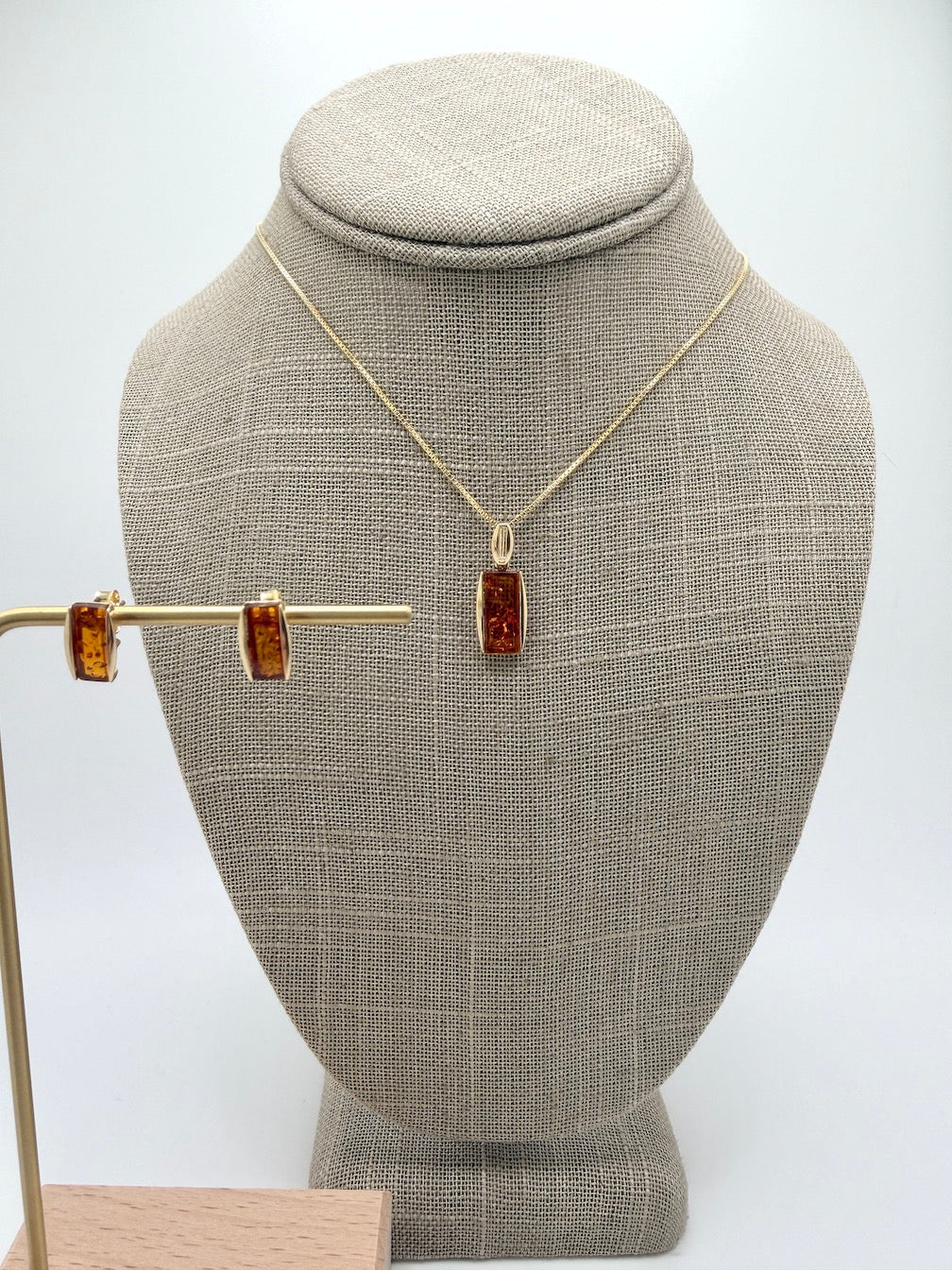 14K Gold & Genuine Cognac Baltic Amber Rectangular Modern Pendant + Earrings Set