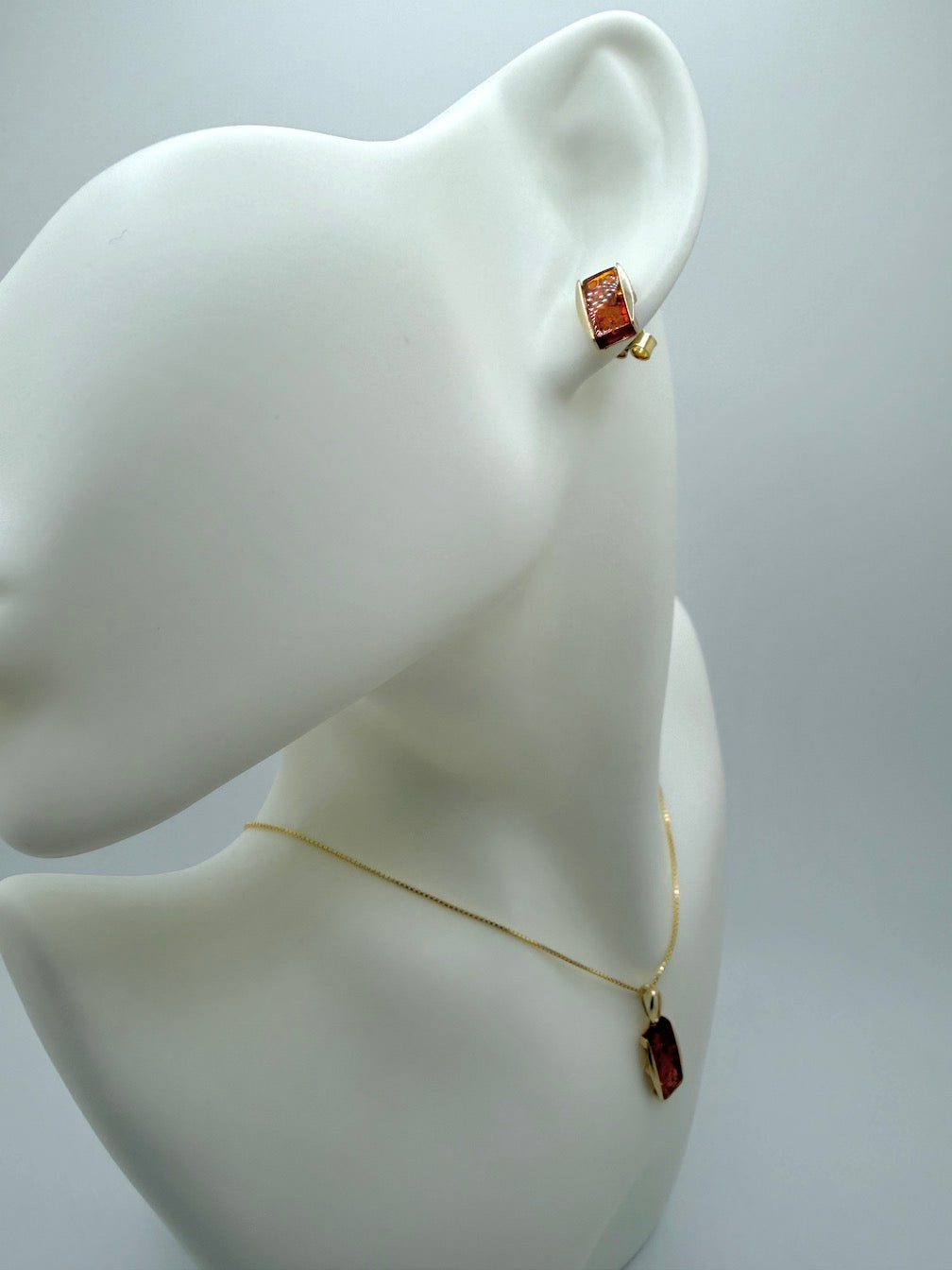 14K Gold & Genuine Cognac Baltic Amber Rectangular Modern Pendant + Earrings Set