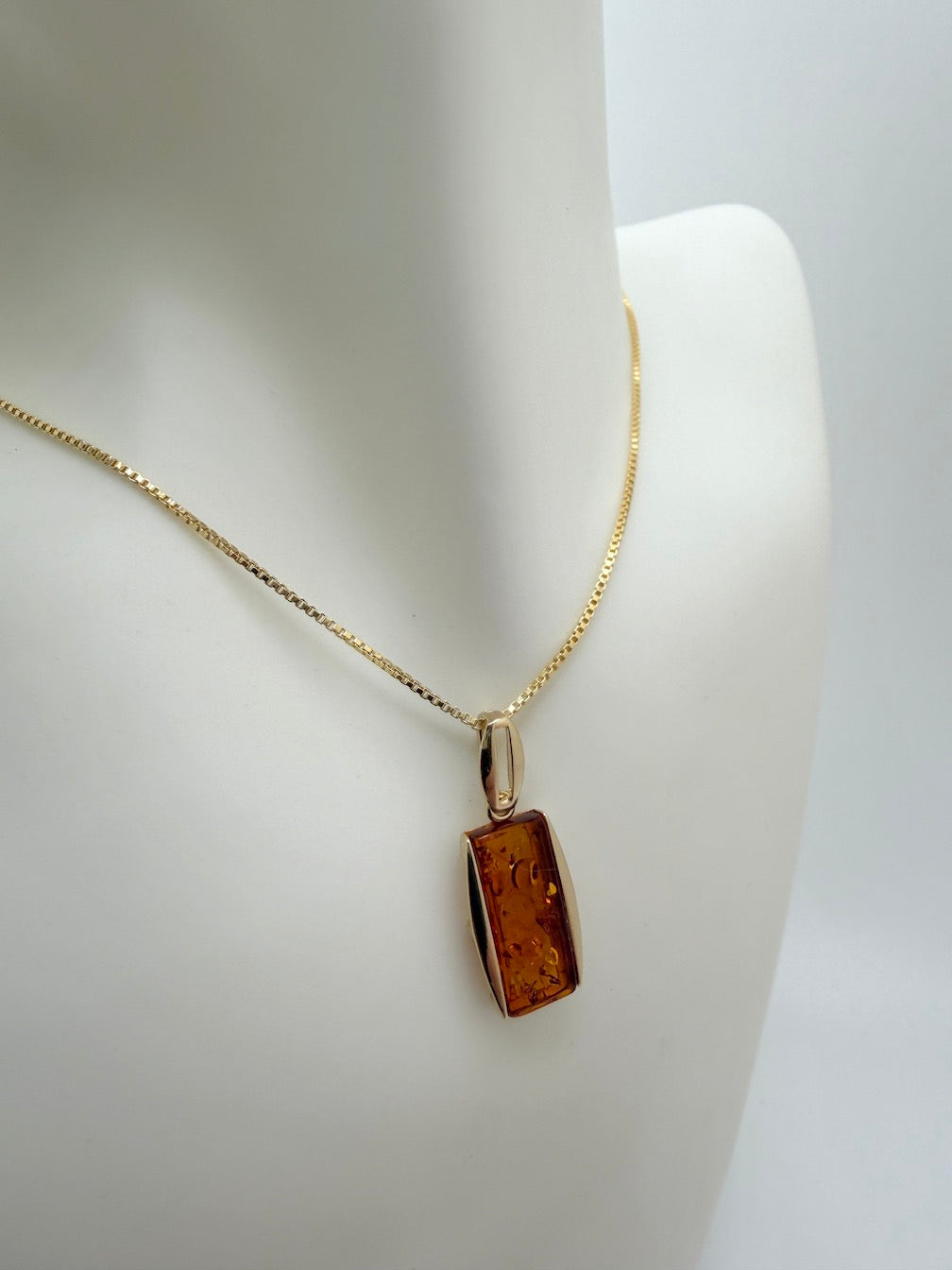 14K Gold & Genuine Cognac Baltic Amber Rectangular Modern Pendant + Earrings Set