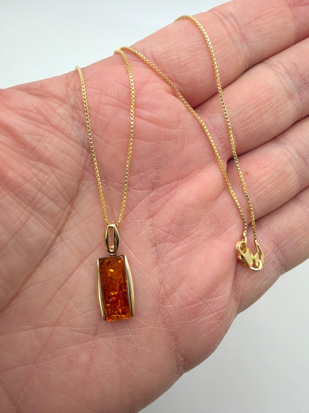 14K Gold & Genuine Cognac Baltic Amber Rectangular Modern Pendant + Earrings Set