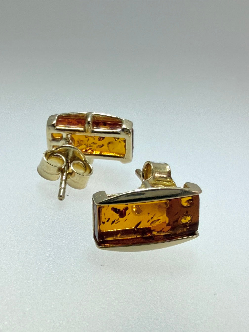 14K Gold & Genuine Cognac Baltic Amber Rectangular Modern Pendant + Earrings Set