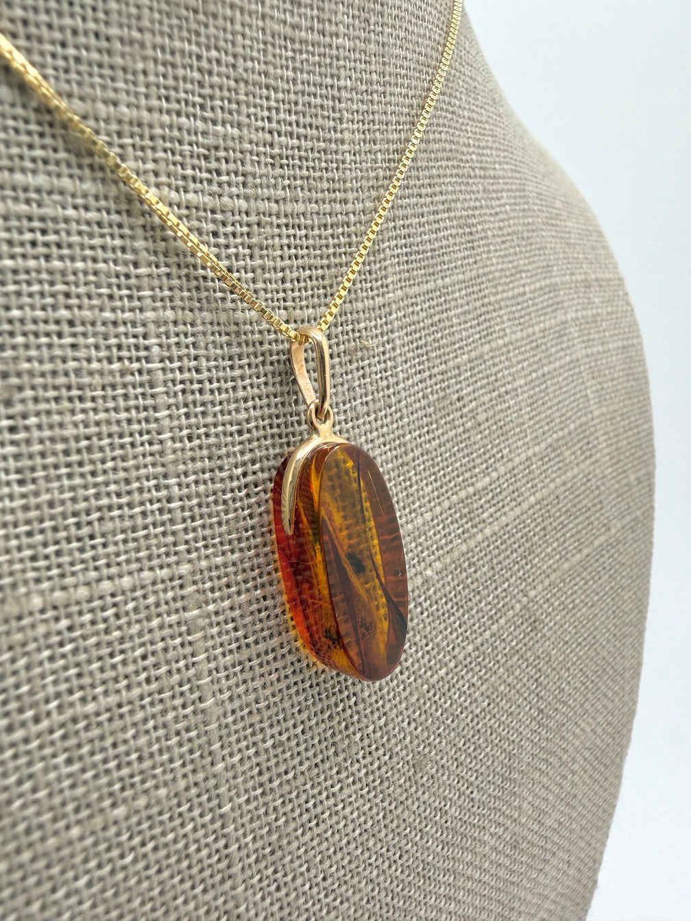 14K Gold Honey Baltic Amber Oval Pendant with Rare Bug Inclusion