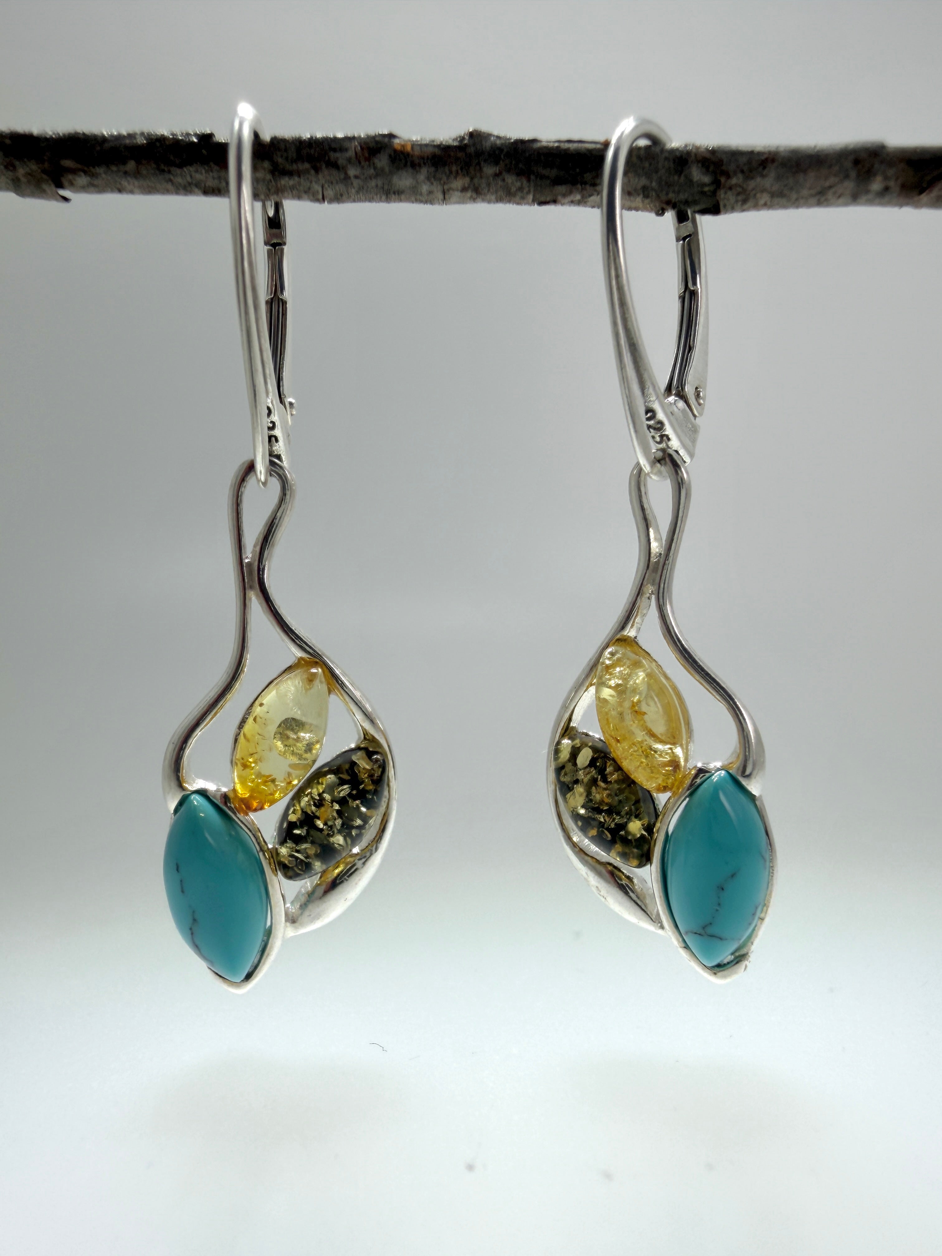 Handmade Baltic Amber & Turquoise Earrings | Sterling Silver Dangle Lever Backs from Poland