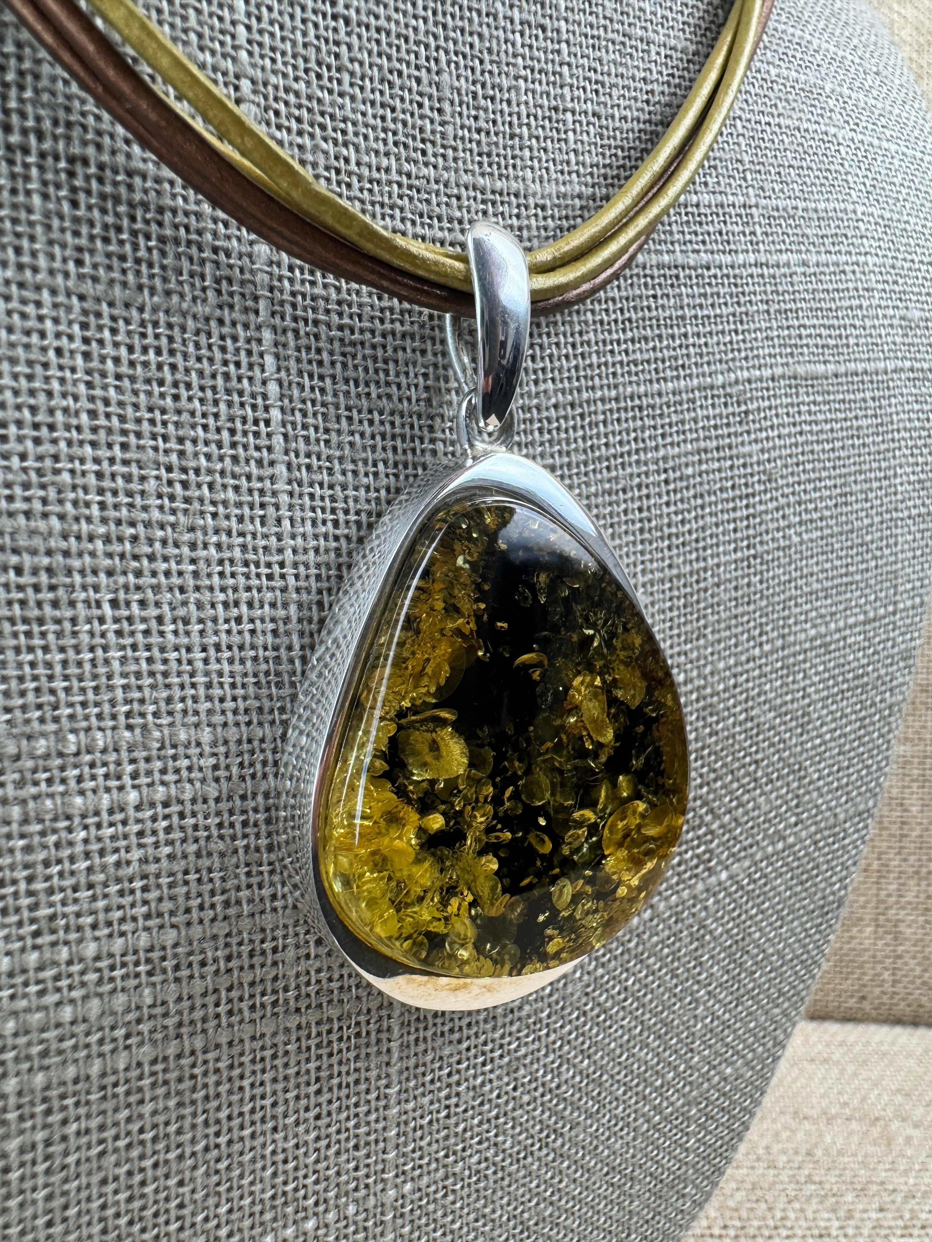 Handmade Sterling Silver Green Baltic Amber Pendant on Leather Necklace