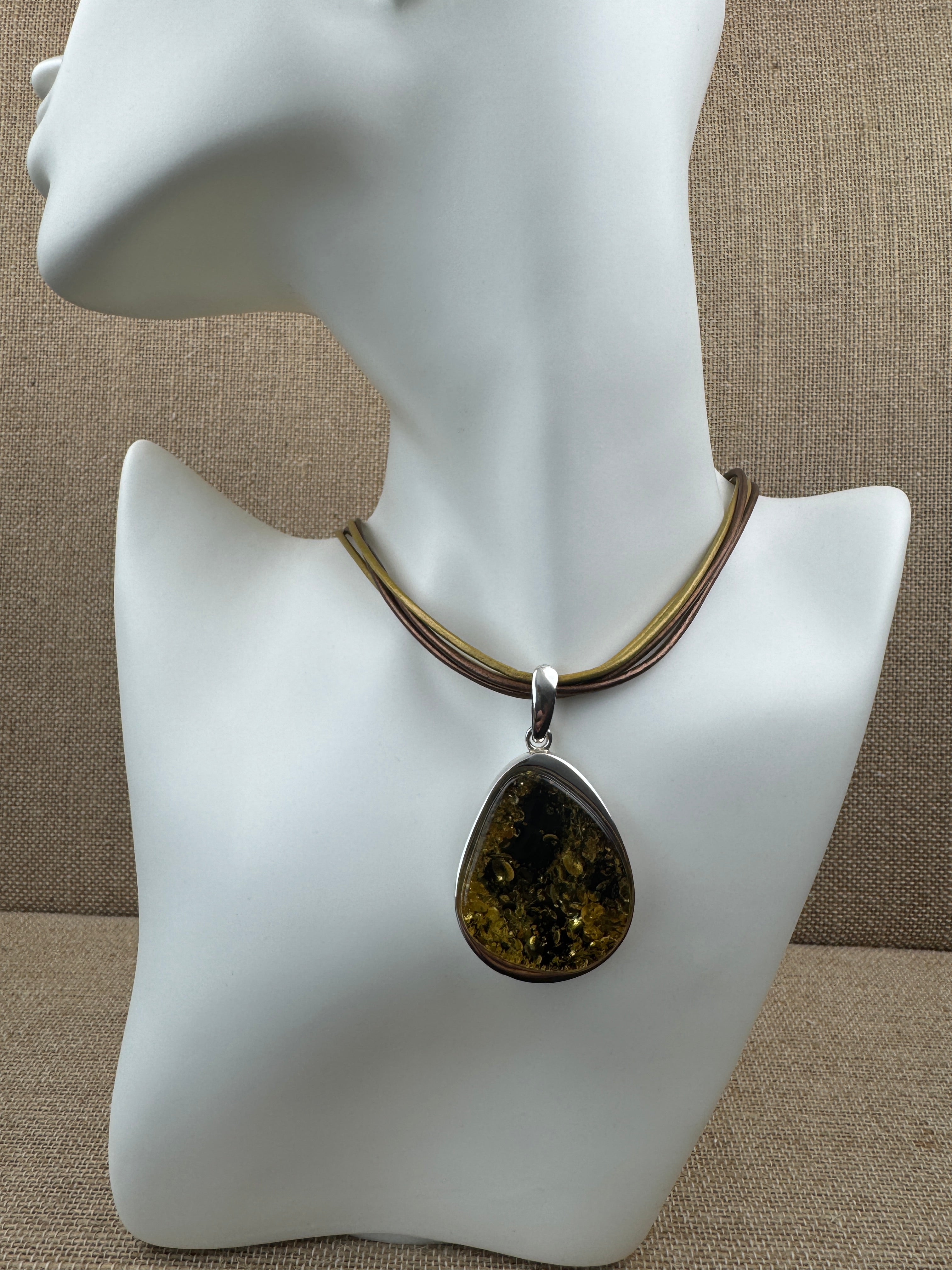 Handmade Sterling Silver Green Baltic Amber Pendant on Leather Necklace4