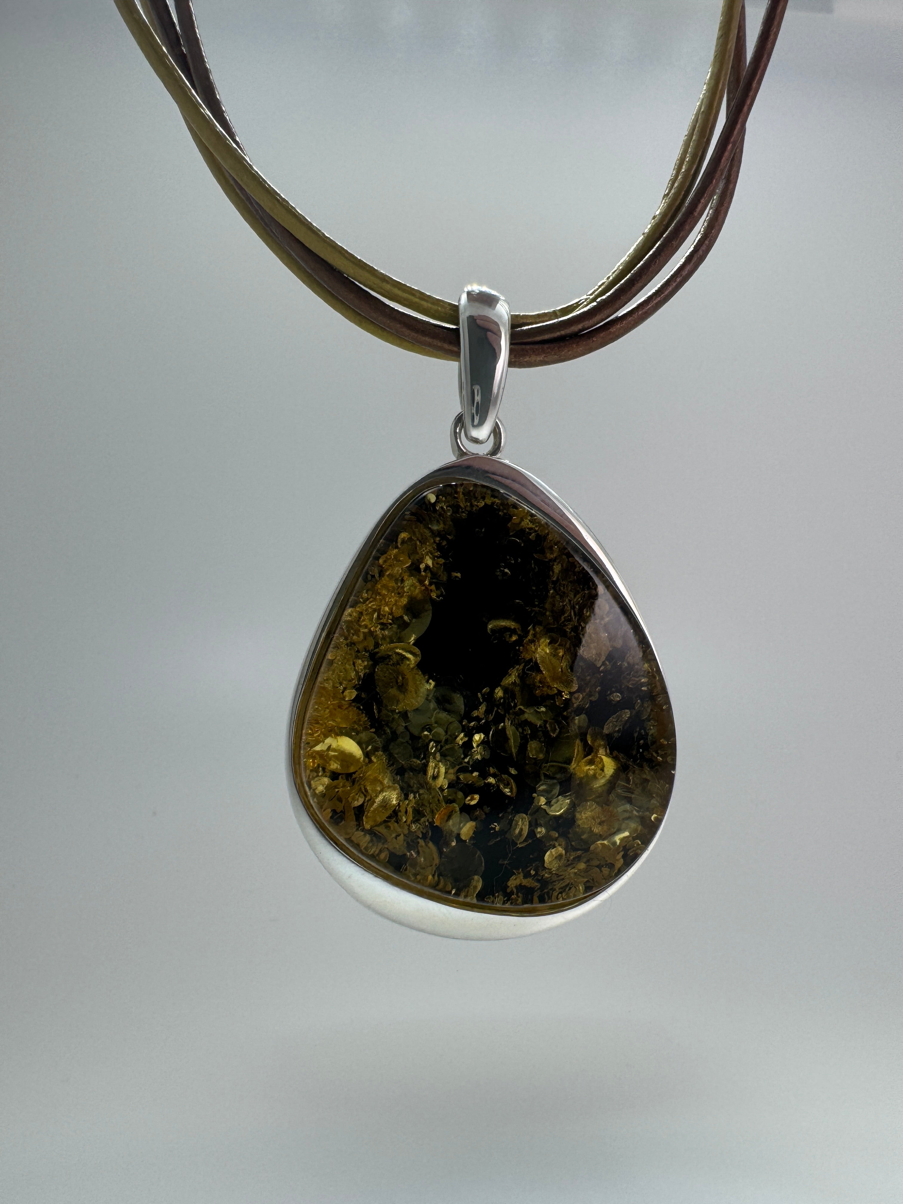Handmade Sterling Silver Green Baltic Amber Pendant on Leather Necklace5