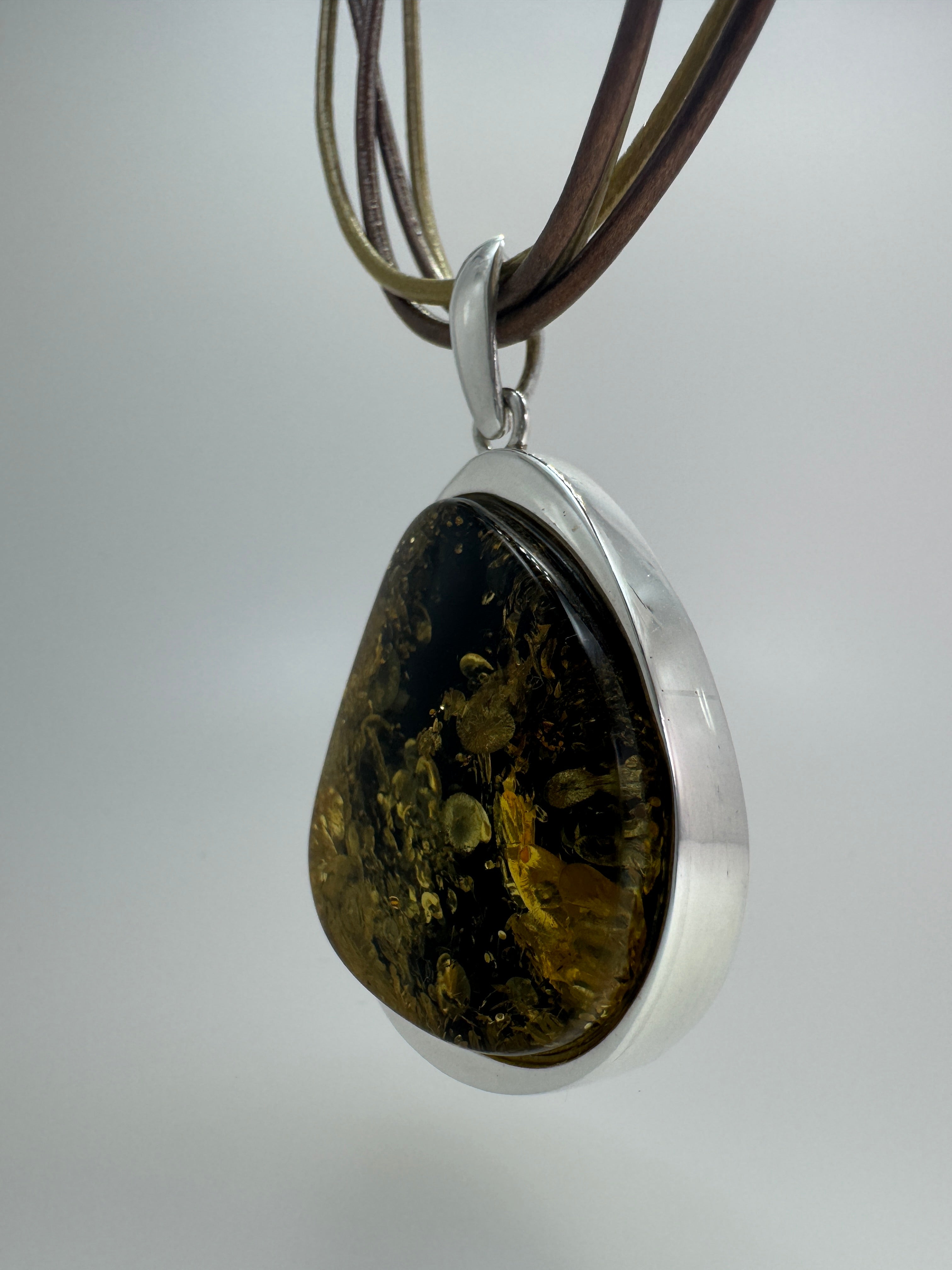 Handmade Sterling Silver Green Baltic Amber Pendant on Leather Necklace1
