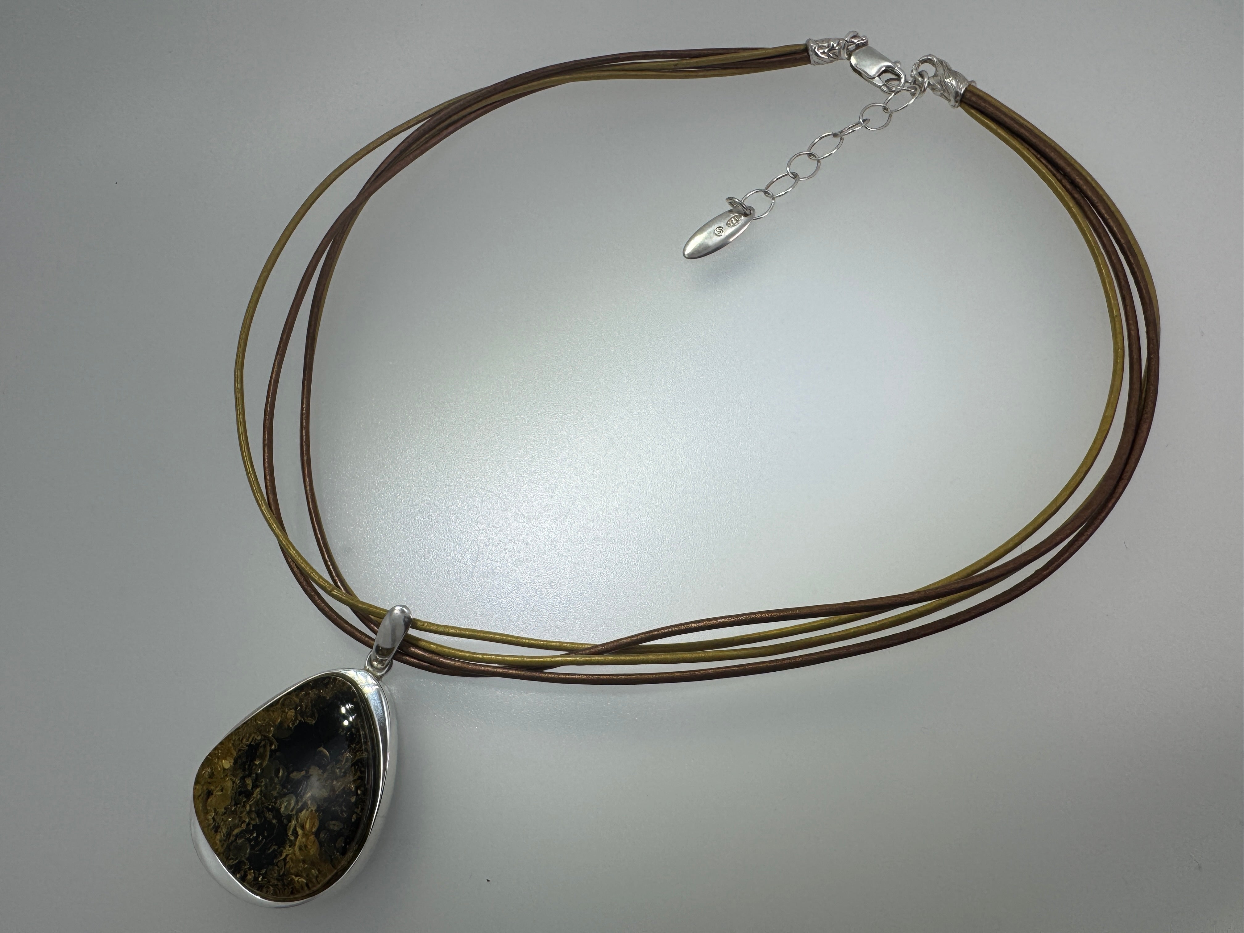 Handmade Sterling Silver Green Baltic Amber Pendant on Leather Necklace7