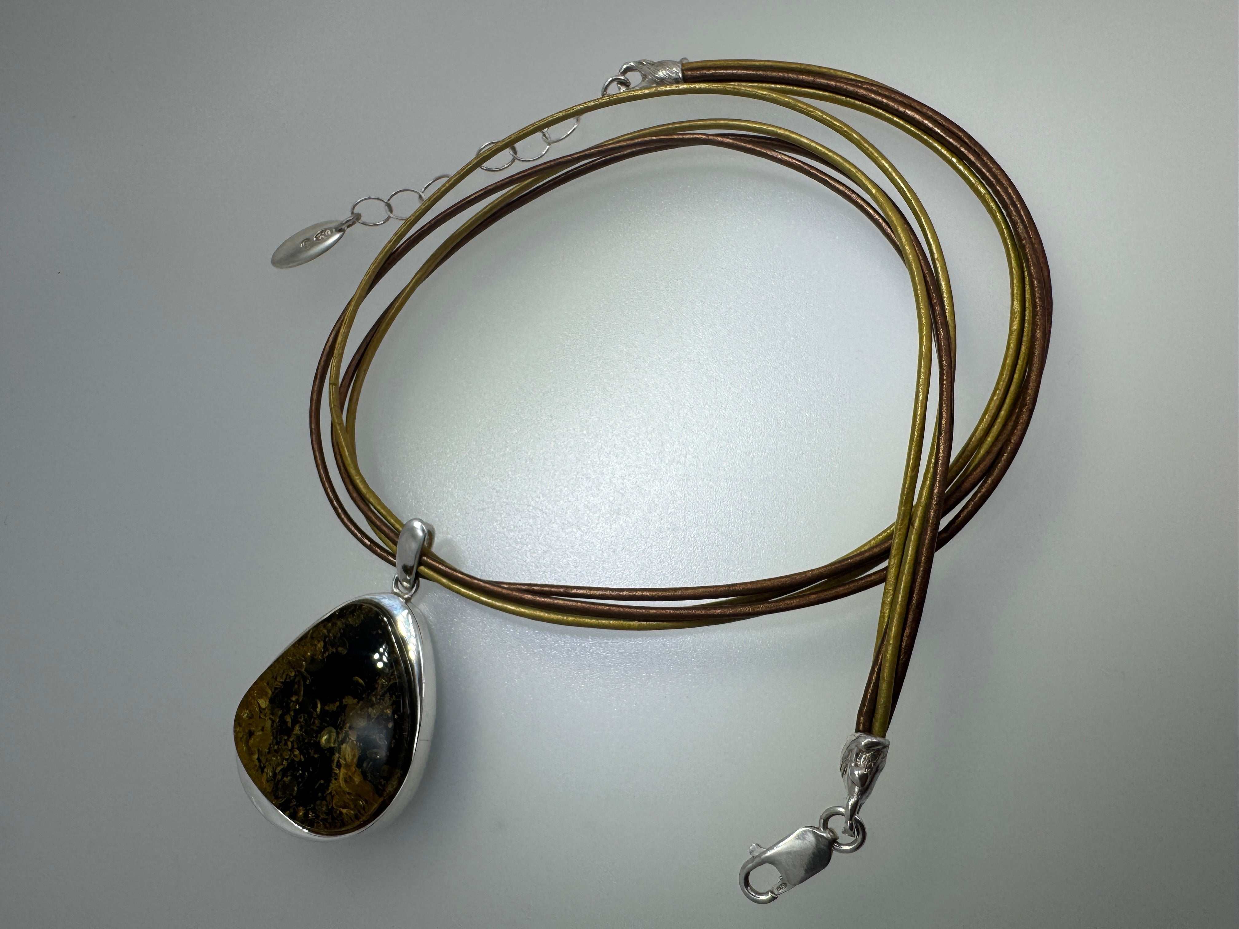 Handmade Sterling Silver Green Baltic Amber Pendant on Leather Necklace3