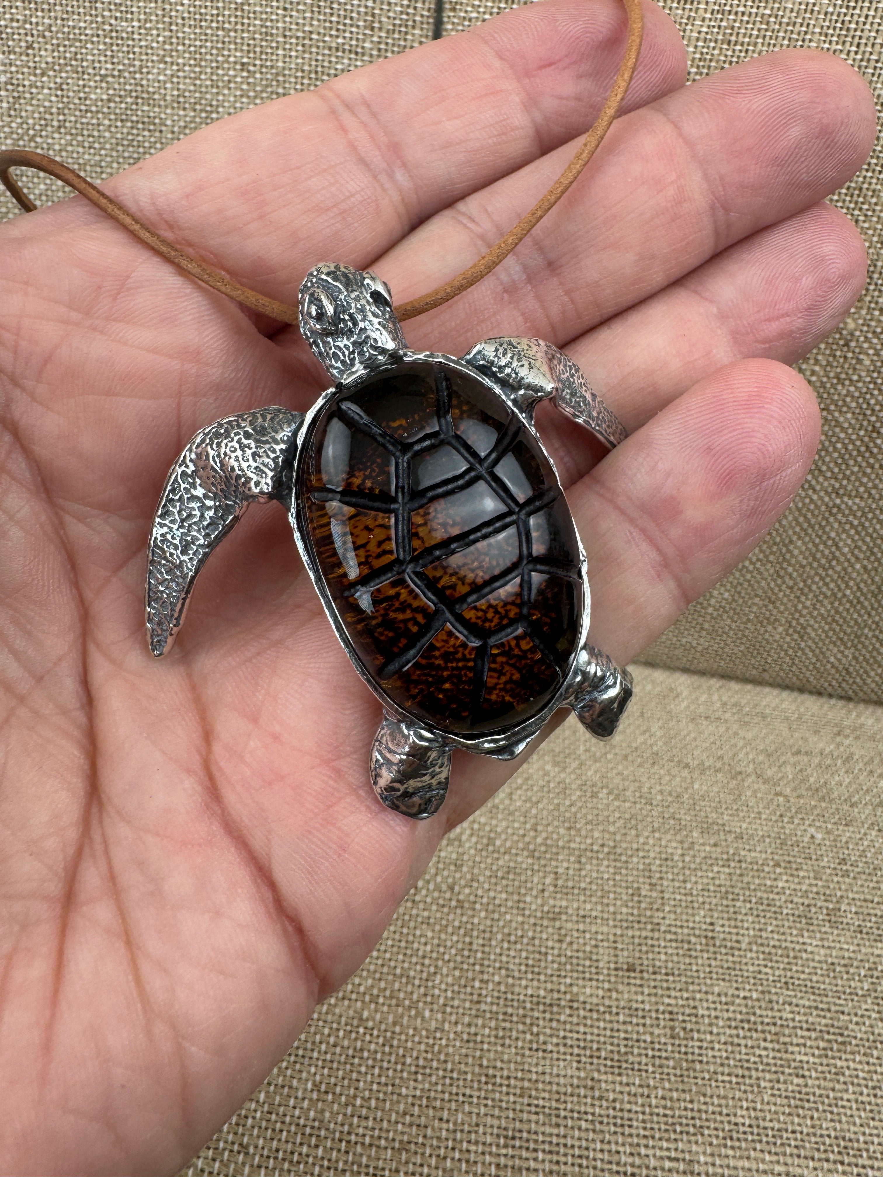 Handmade Sterling Silver Baltic Amber Sea Turtle Pendant Necklace – One-of-a-Kind Artisan Jewelry